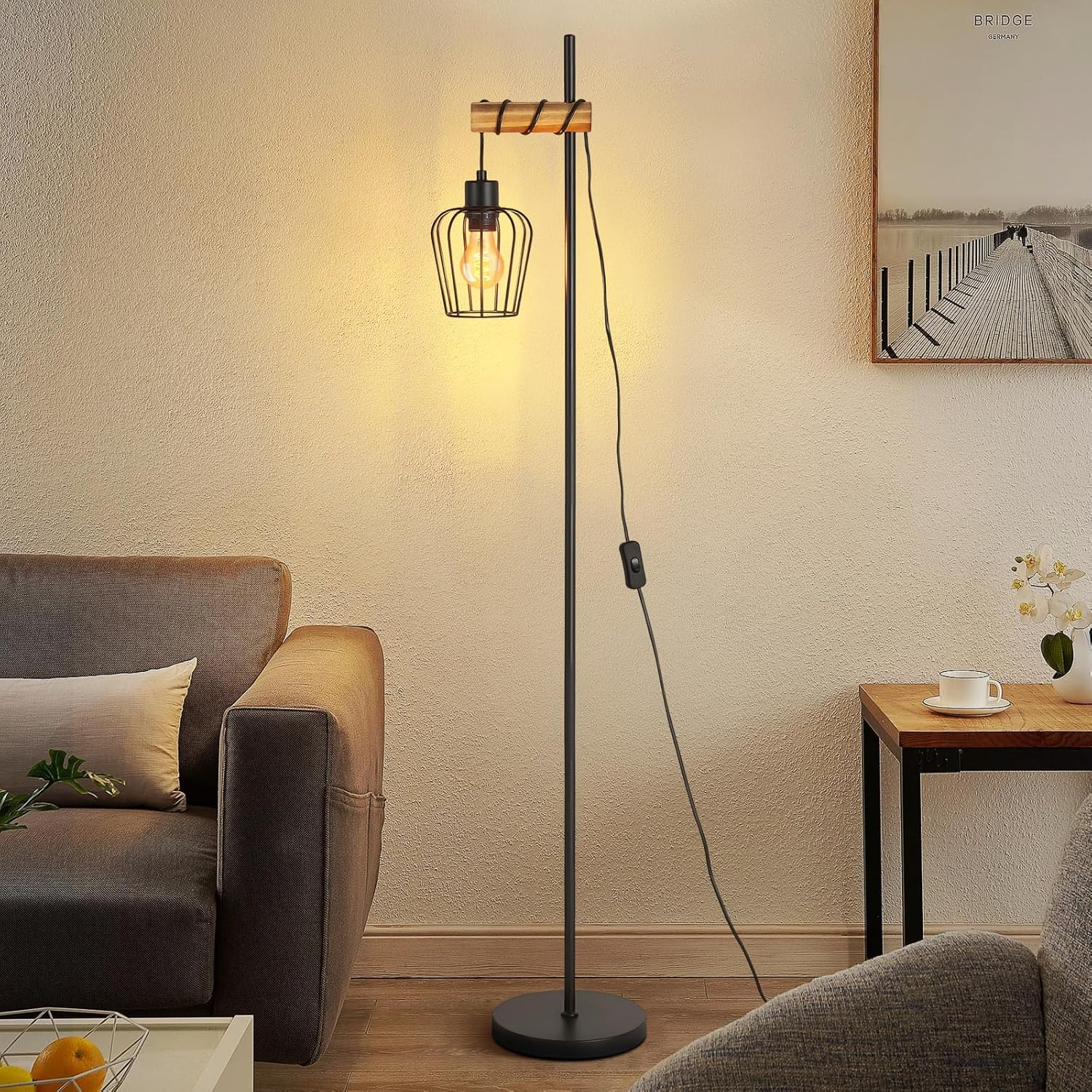 ZMH Vintage Wooden Living Room Table Lamp: Black Bedside Lamp 1 Light Industrial Design Metal E27 Socket Retro for Hotel Room - without Bulb