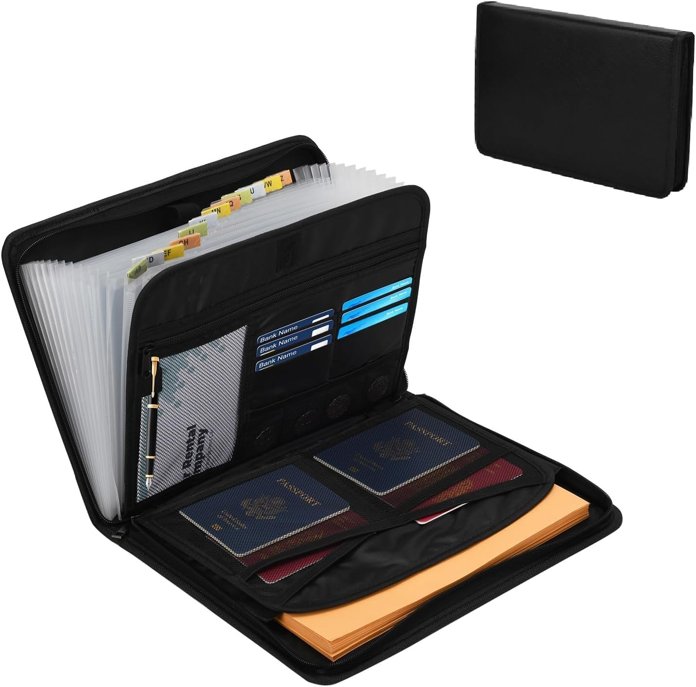 Accordion File Organizer, Fireproof Expanding File Folder with Pockets,13 Pockets Document Organizer with Zipper and Labels, Portable Home Travel Safe Storage for Letter A4 Files and More (Black)
