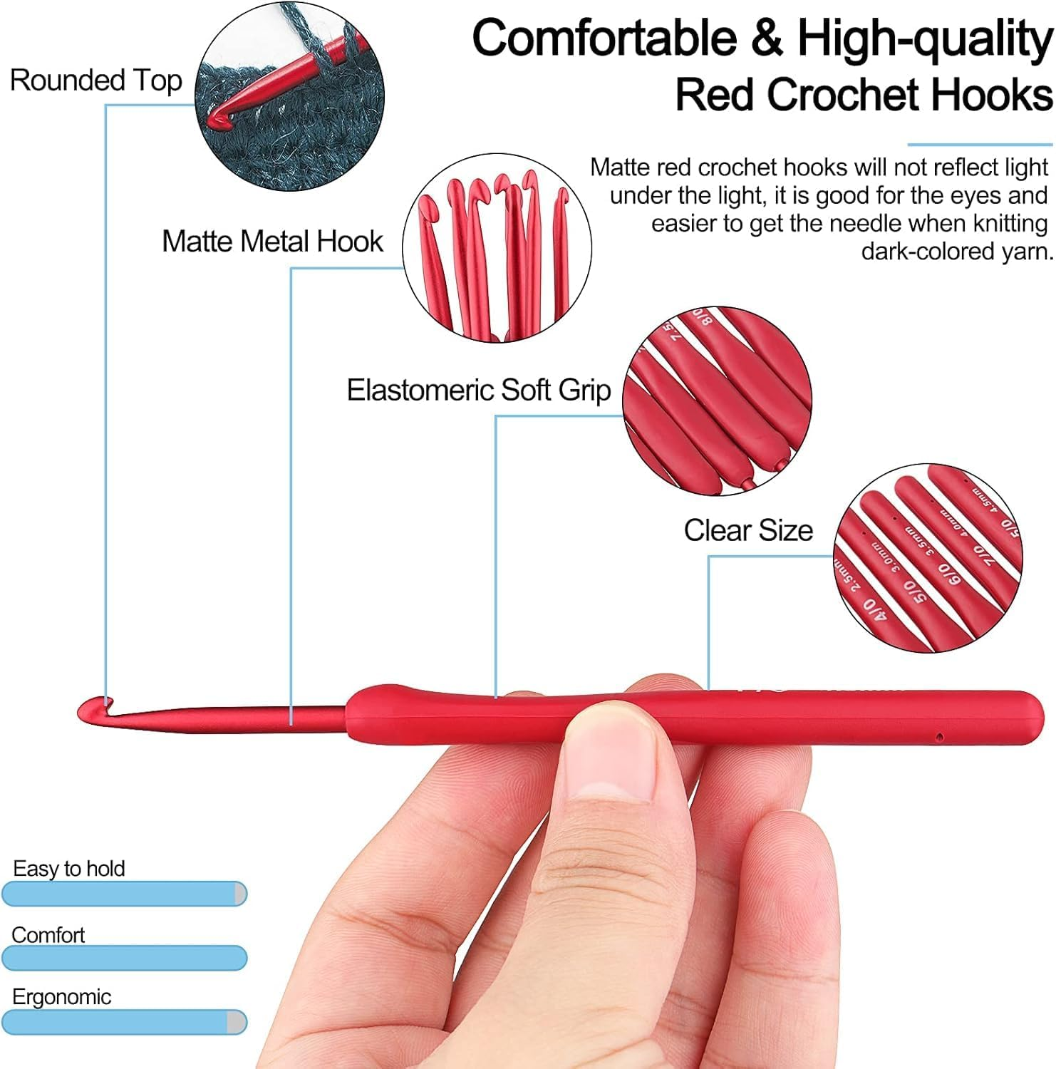 9Pcs Premium Ergonomic Crochet Hooks Set with Soft Grip Handles &ndash; Arthritis-Friendly Knitting Needles for Seniors & Beginners, Extra-Long Aluminum Hooks (2.0Mm-6.0Mm) image number 6