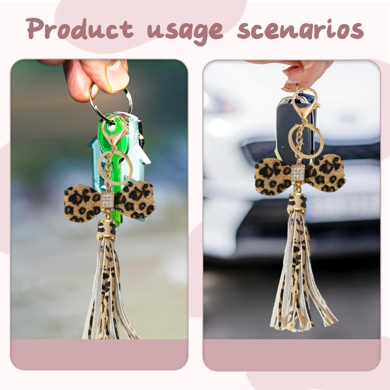 Vintage Rhinestone Leopard Tassel Keychain for Purse Bag Charms for Backpack Handbags Keychains Glitter Leopard Print Bow Keychain for Car Keys Chain Cute Bow Y2K Accessories Women Girls Trendy