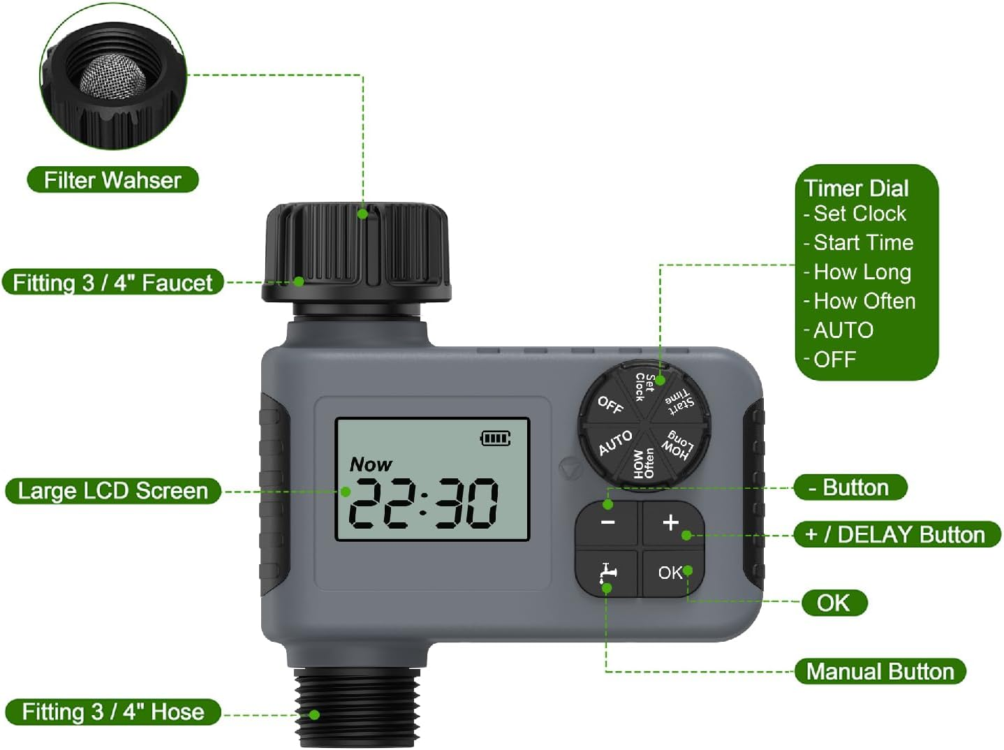 Programmable Water Timer Rain Delay for Garden Digital Sprinkler Hose Timer Manual/Automatic Irrigation System Lawn Care，1 Outlet image number 4
