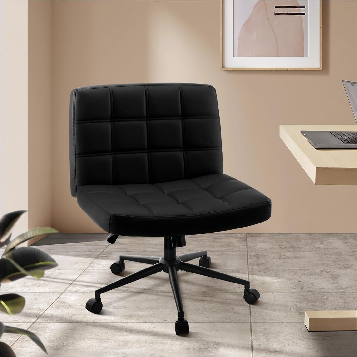 Oikiture Armless Office Chair with Mid Back and Wheel PU Leather Cross Criss Chair Brown