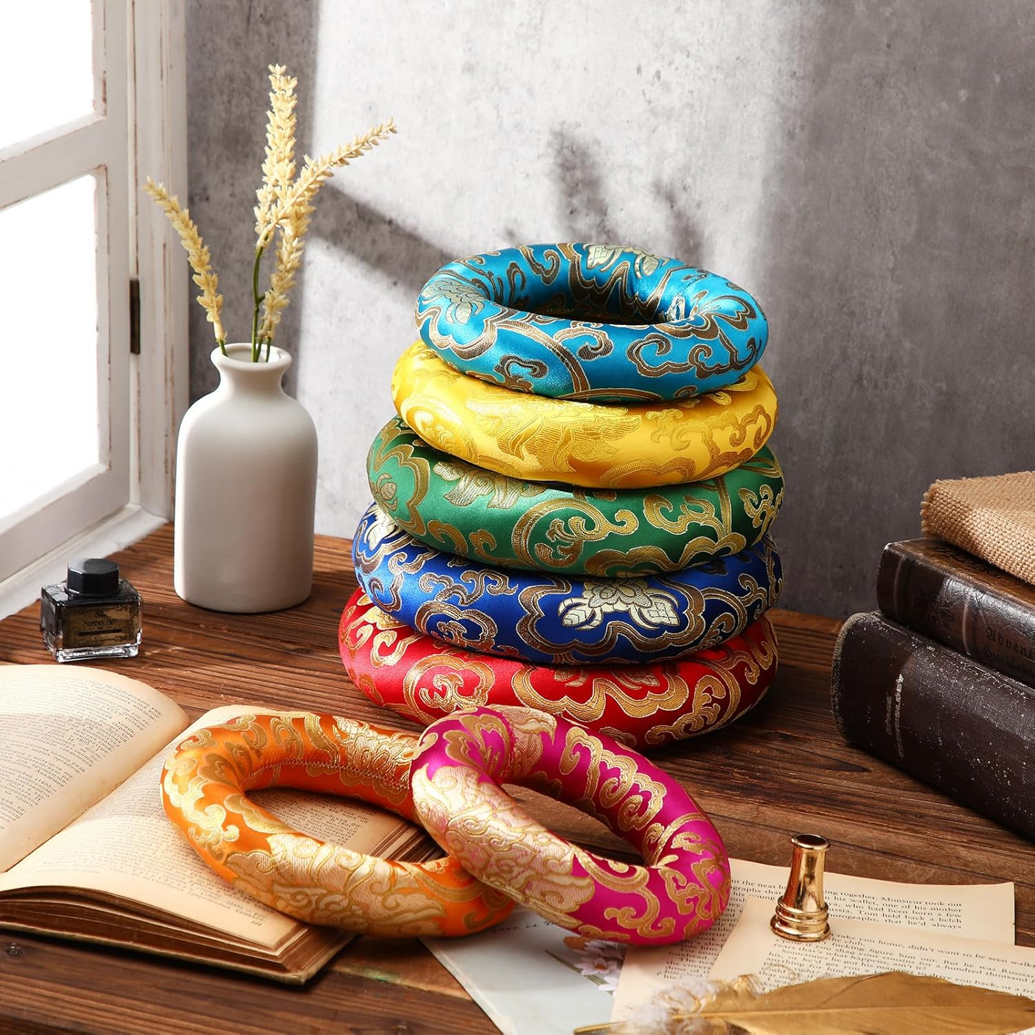 Barydat 7-Piece Silk Singing Bowl Cushion Set - 7 Sizes (13.5-21Cm), Multi-Colored, for 6-12 Inch Bowls image number 4