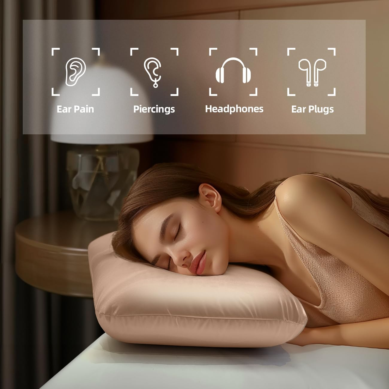 Uslixury Piercing Pillow - Ear Piercing Pillow with Foam Plug, 4''H Ear Pillow with 4.7 * 3.2 and off Center Ear Hole, Certipur-Us Memory Foam Piercing Pillow for Side Sleeper, Satin Cover, Champagne image number 3