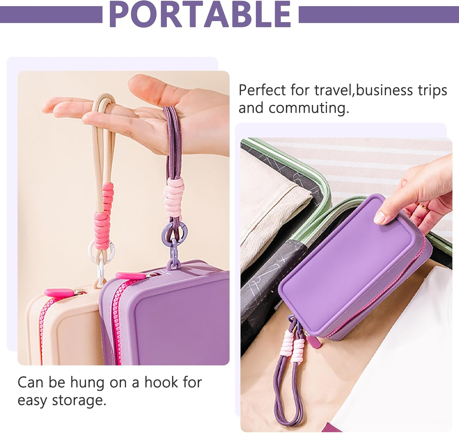 Macaron Style Silicone Travel Makeup/Cosmetic/Toiletry Bag-Waterproof Portable Organizer Pouch with Zipper/Braided Lanyard Keychain/Women Girls' Gym Wash Bag/Purse/Stores Makeup Brush & Nail Polish