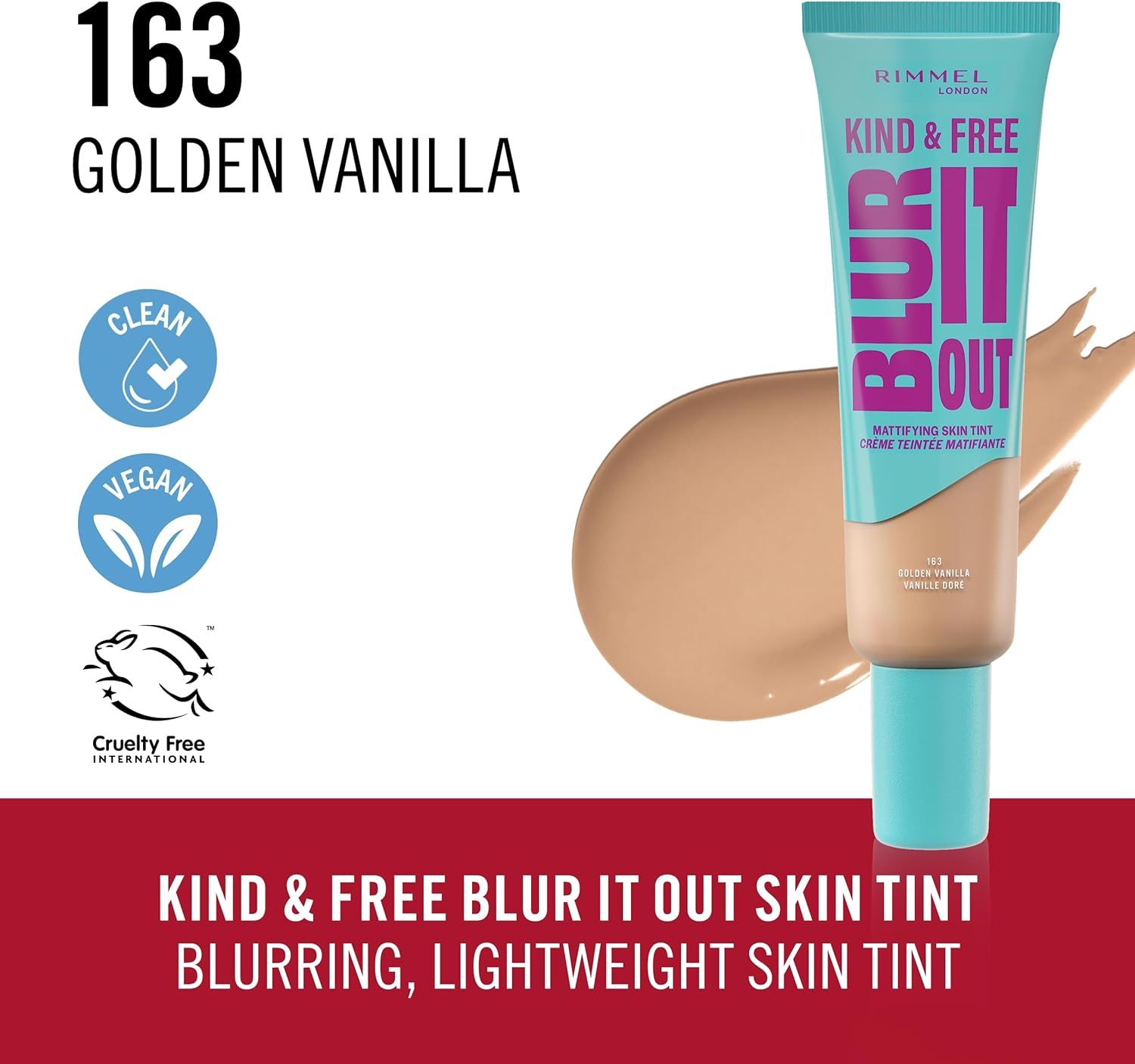 Rimmel London Kind & Free BLUR IT OUT Mattifying Skin Tint, 163, Golden Vanilla, 30Ml image number 4