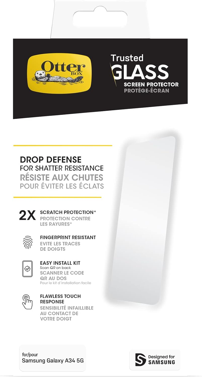 Otterbox Trusted Glass Screen Protector for Samsung Galaxy A34 5G, Tempered Glass, X2 Scratch Protection, Drop Defense for Shatter Protection