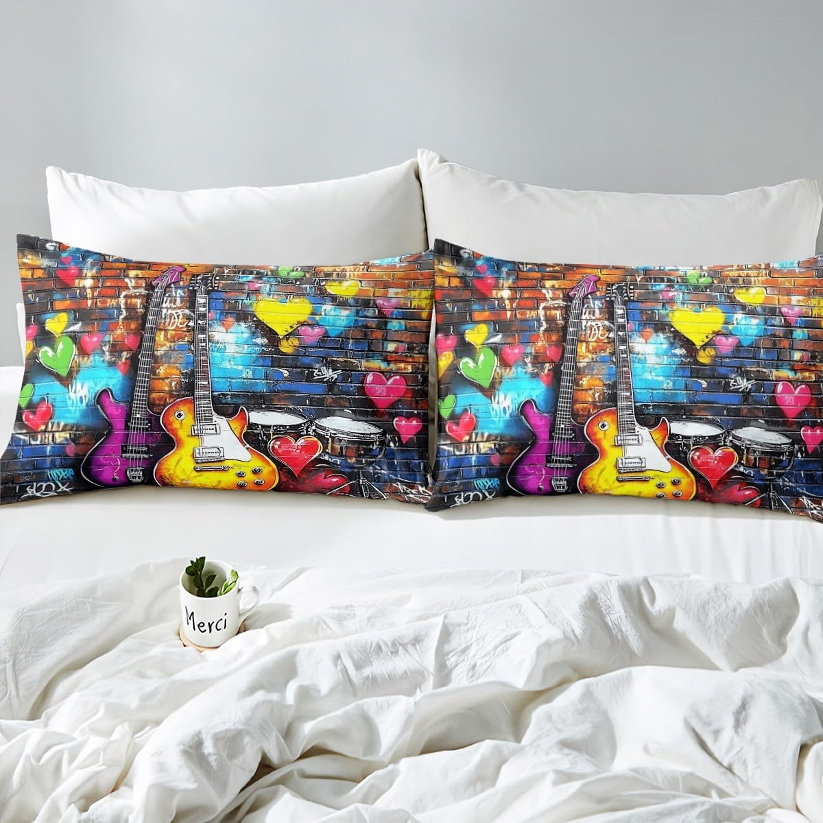 Electric Guitar Duvet Cover Set Queen Size,Tie-Dye Graffiti Brick Wall Bedding Set,Boys Girls Room Decor,Rock Music Modern Artwork Comforter Cover,Corlorful Quilt Cover,2 Pillowcases(No Comforter) image number 4