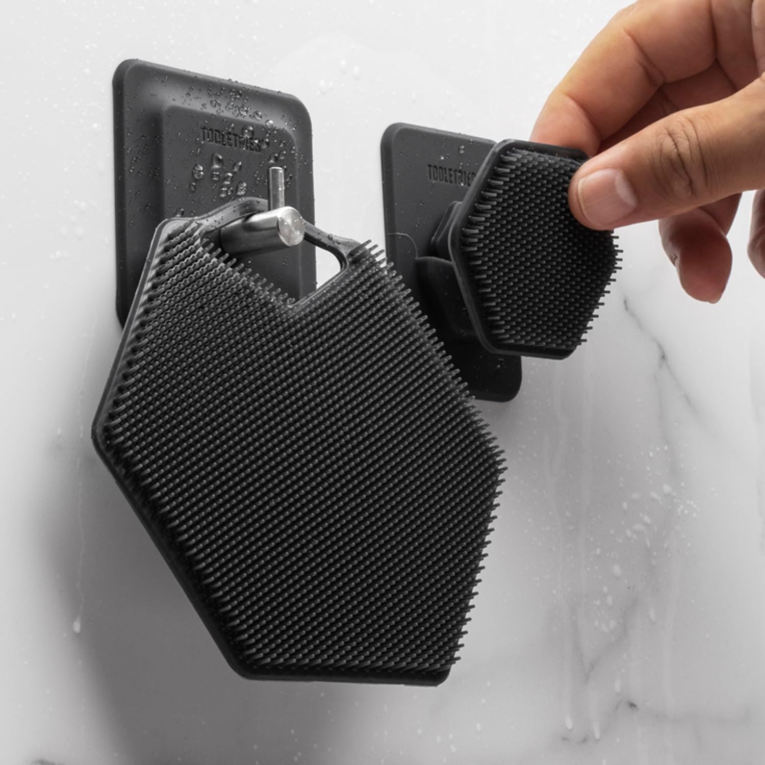 Tooletries - the Ultimate Scrubber Set - with 2X Scrubbers & Holders - Silicone Toiletry Organizer, Shower & Bathroom Accessory - Features Silicone-Grip Technology, Removable & Reusable - Charcoal image number 1