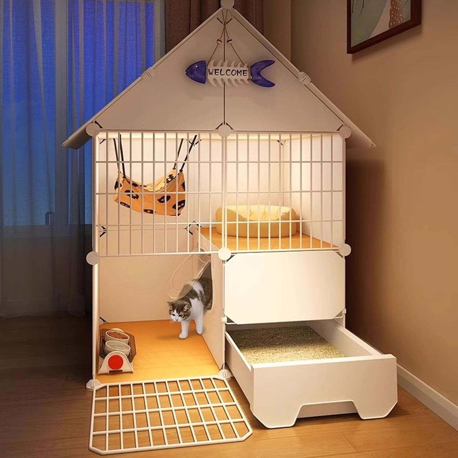 Cat Enclosures Indoor, DIY Cat Cage Detachable with Litter Box, Cats Plaype with Triangular Roof, 2-Tier Cute Cats House, Easy to Install(39Cm/15.4In) image number 5