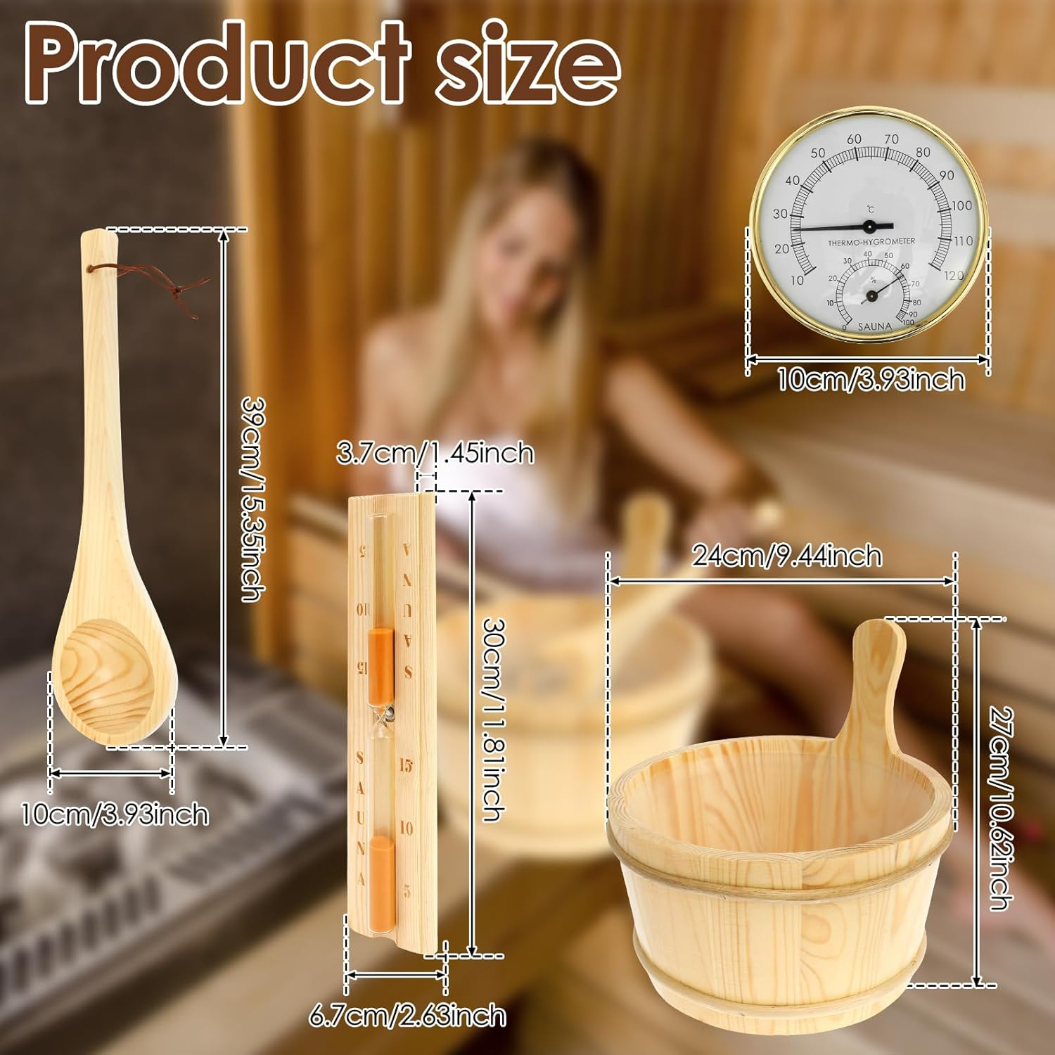 4PCS Sauna Accessories Set, Wood Sauna Bucket Sauna Spoon 2 in 1 Sauna Thermometer Hygrometer Hourglass Timer, Easy to Use Sauna Kit Suitable for Home, Steam Saunas Room image number 2
