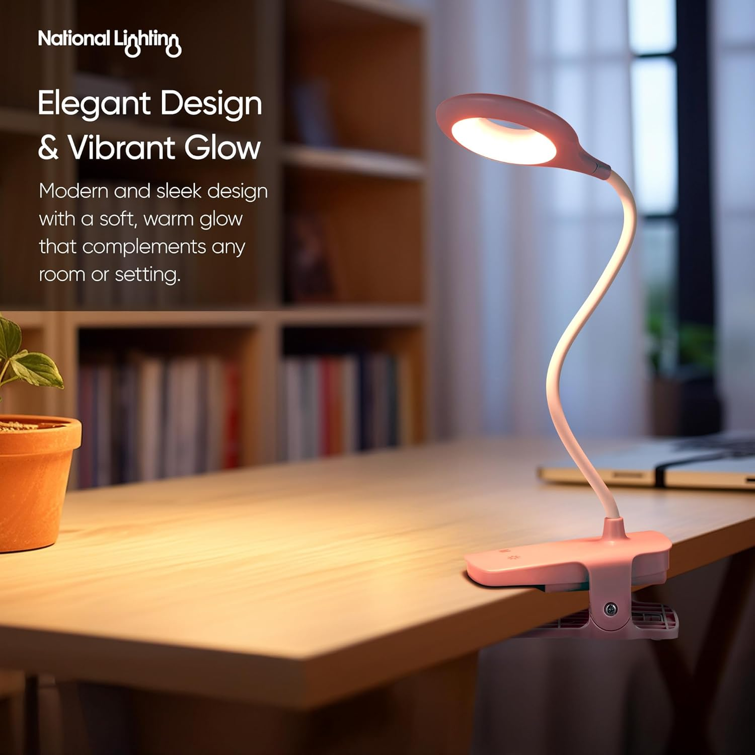 National Lighting Dimmable LED Clip on Light - 4.5W Touch Control LED Lamp with Flexible Neck & Strong Clamp - 5 Colours & Brightness Levels, USB Rechargeable Desk Light - Pink - Black image number 4