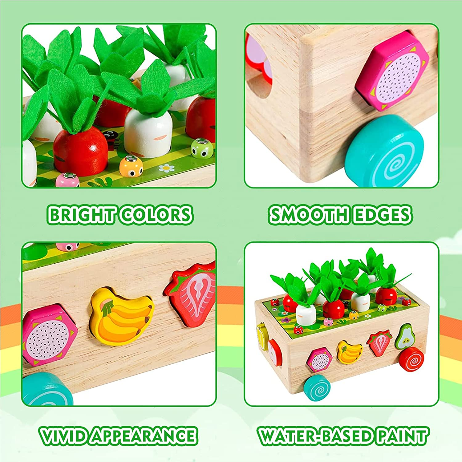 Montessori Toys for Toddler 1-3, Baby Wooden Educational Toy for 1 2 Year Old Boy Girl Gift, Farm Theme with Rabbit, 12 Fruit Blocks, 8 Carrots, 10 Worms & Shape Matching Sorting Car image number 2
