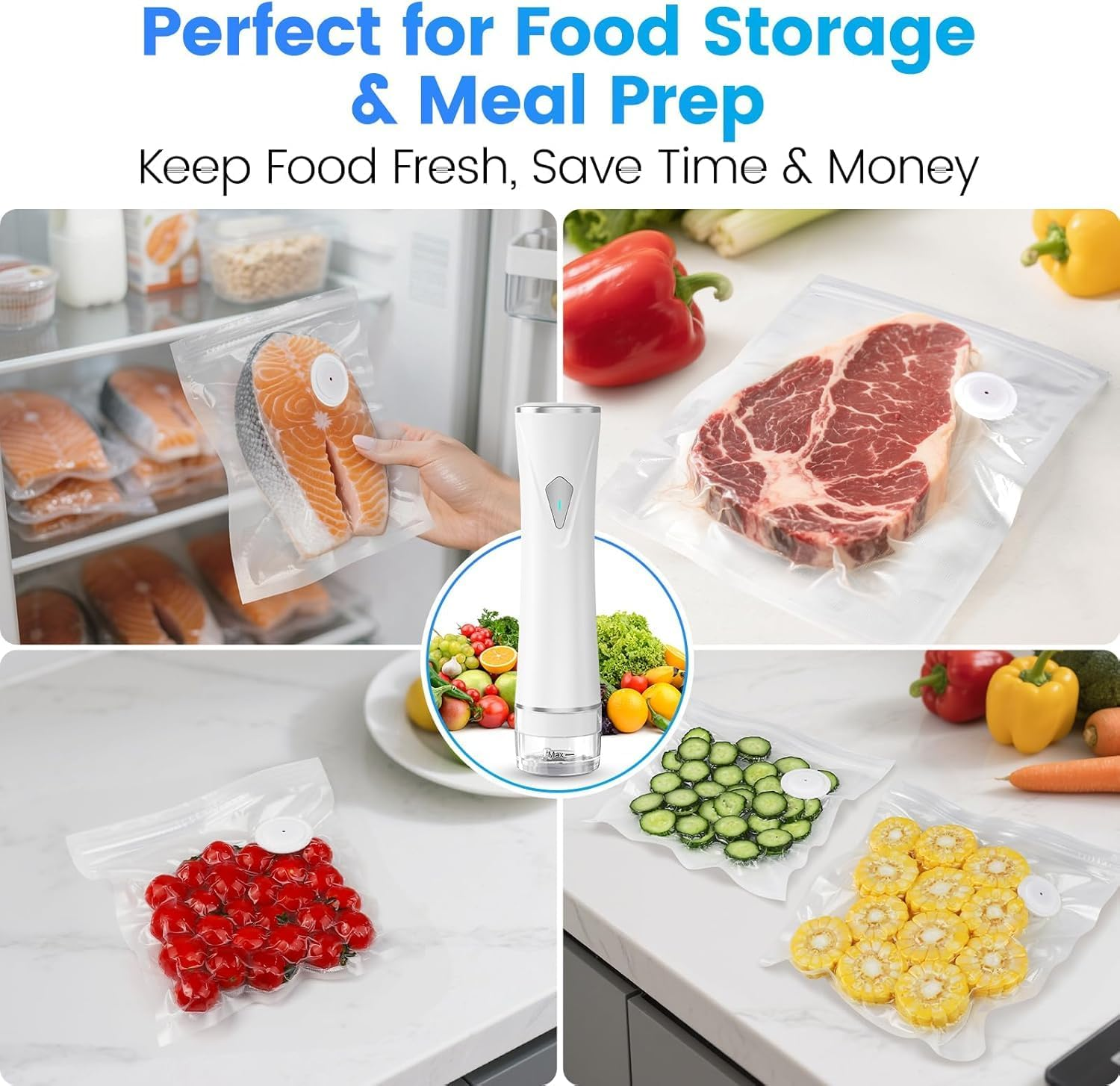 Vacuum Sealer for Food with Juice-Collector, Handheld Compact Food Saver Vacuum Sealer Machine with 30 Bpa-Free Reusable Bags, White (15 Medium Size + 15 Big Size) image number 3