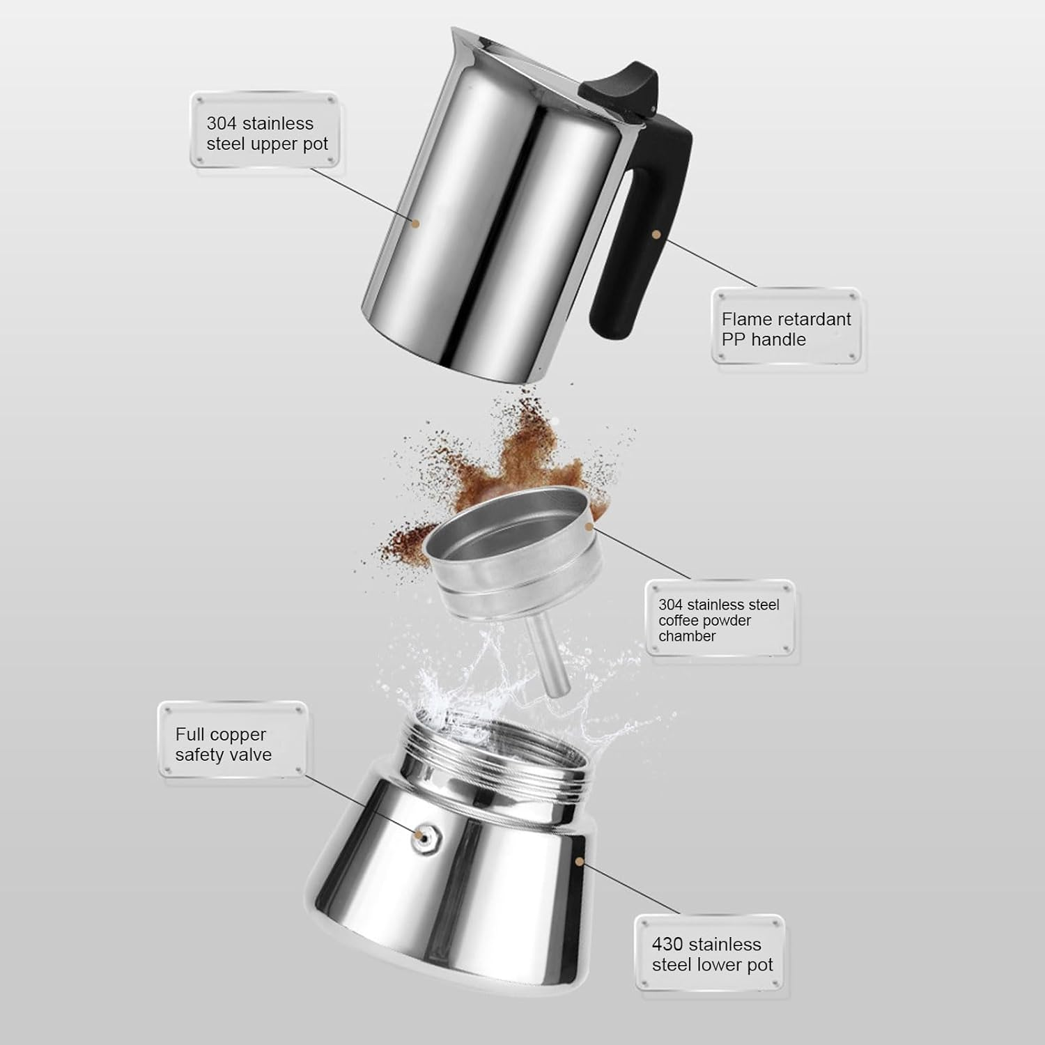 Stainless Steel Moka Pot, Stovetop Coffee Maker with 2 Cups Capacity, Portable Italian Induction Coffee Machine for Home Office Use image number 6
