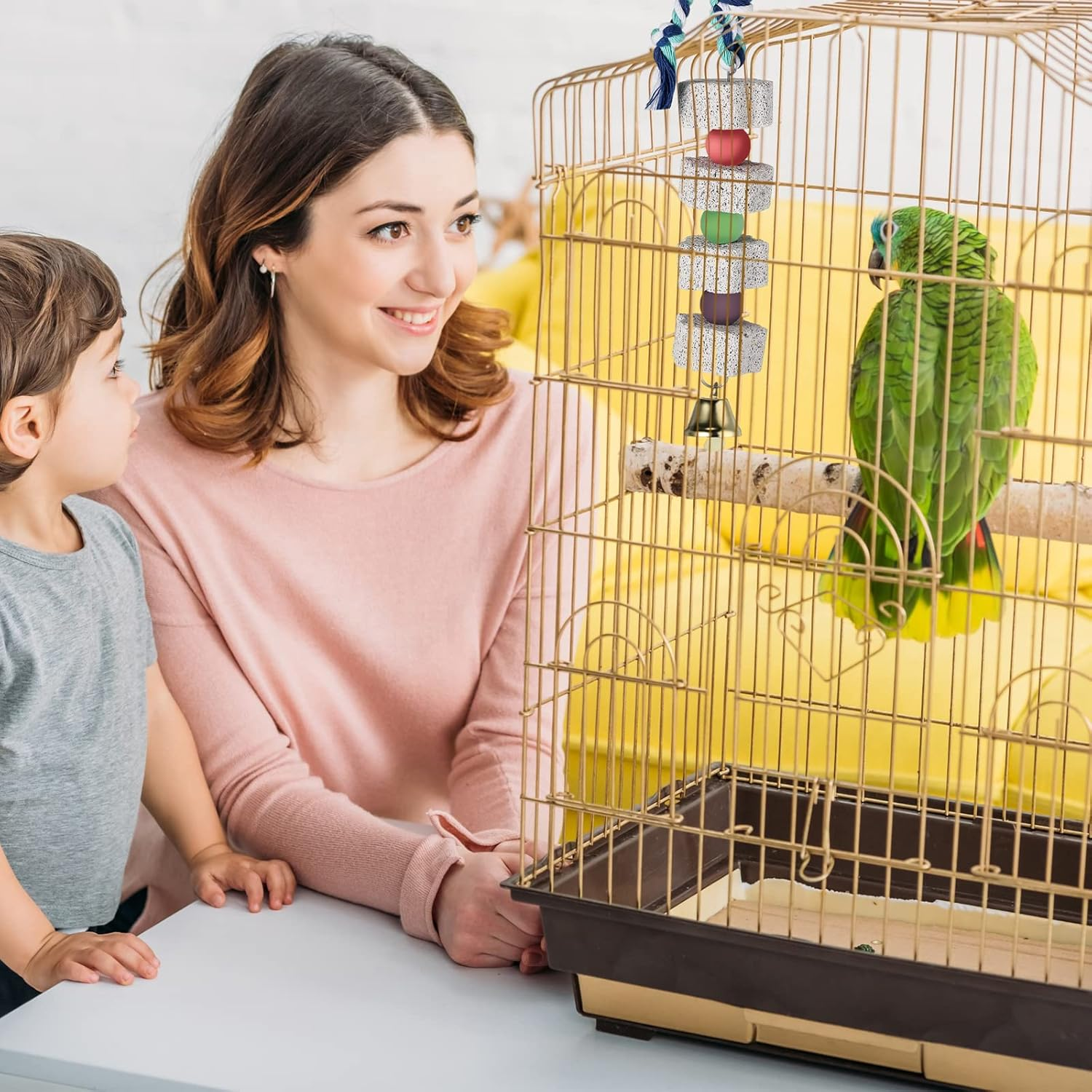 Sanwuta 4 Pack Bird Beak Grinding Stone with Bell Parrot Chewing Toy Parrot Beak Stone Lava Block Calcium Stone Bird Cage Accessories for Parakeet Cockatiel Conure Hamster Chinchilla Rabbit image number 3