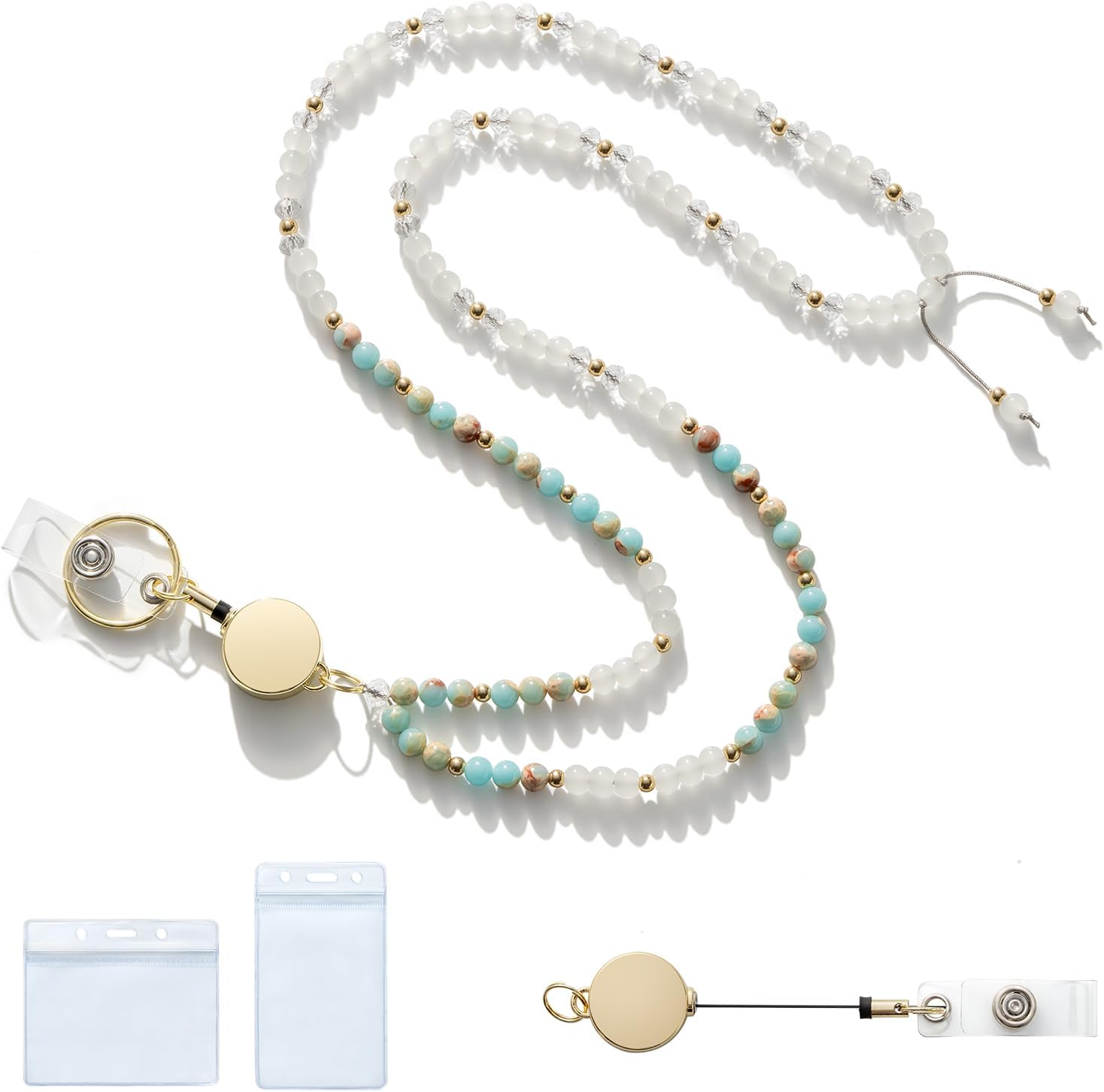 MORSUNBELA ID Card Holder Lanyard Work Card Lanyard Retractable Beaded for Women Badge Holders Keys Necklace Cute Long Lanyard Coffee Color