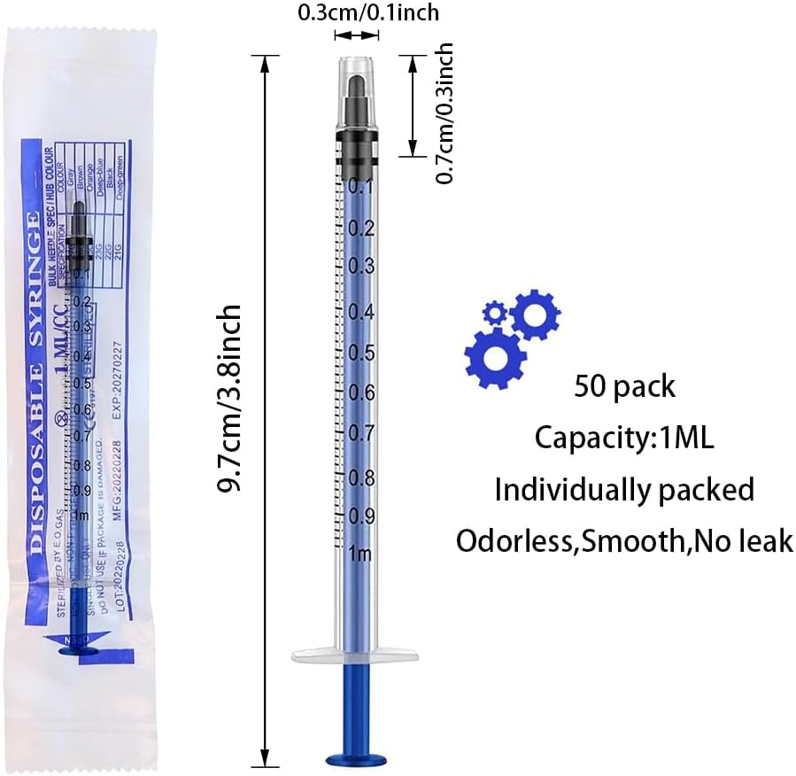 QOOWFEANIG 50Pcs 1Ml 1Cc Syringes with Cap,Reusable Small Plastic Liquid Measuring Syringe with Measurement Marks for Scientific Labs, Pet Feeding, Refilling Cosmetics image number 6