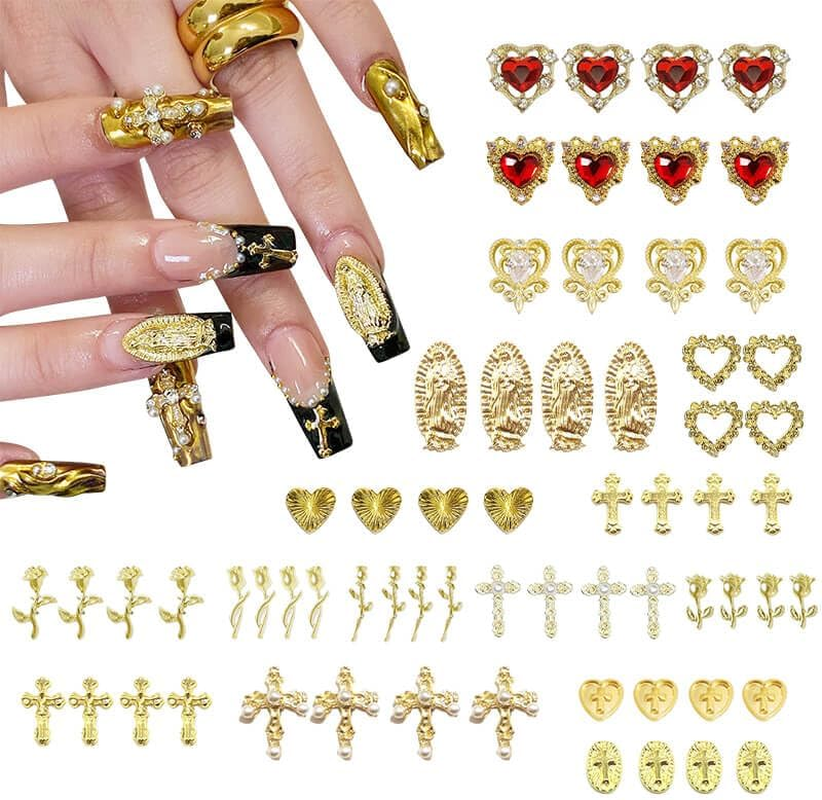 64Pcs Gold Nail Charms Set with Gold Cross, Hearts, Rose, and Virgin Mary - Y2K 3D Chrome Nail Decorations
