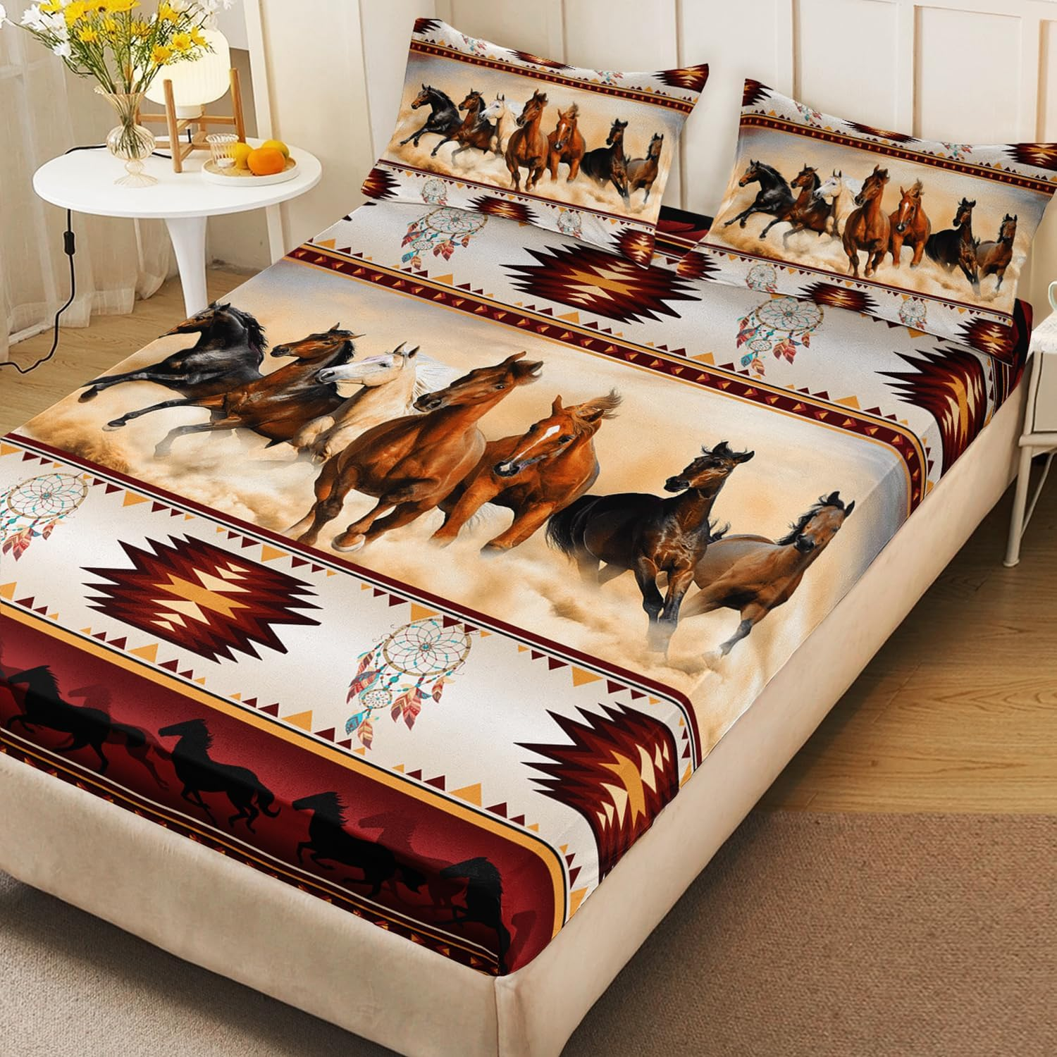 AILONEN 3D Horse Fitted Sheet Set Twin XL Size, Galloping Horse Bedding Set for Kids Girls Boys,Vintage Animal Print Bed Sheet Set for Bedroom Decor,1 Fitted Sheet + 2 Pillowcases,3 Pieces image number 4