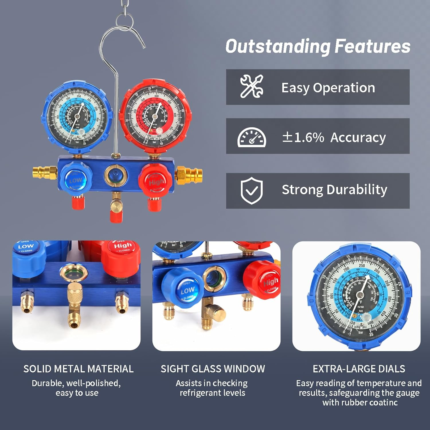 PB Motor Tech Vacuum Pump Set, 4.5 CFM Pump with Aluminum Manifold Gauge, Quick Couplers, 410 Adapter, Can Tap Valve Core Tool & Carrying Tote, for R134A, R410A, R22, R404A Refrigerants image number 3