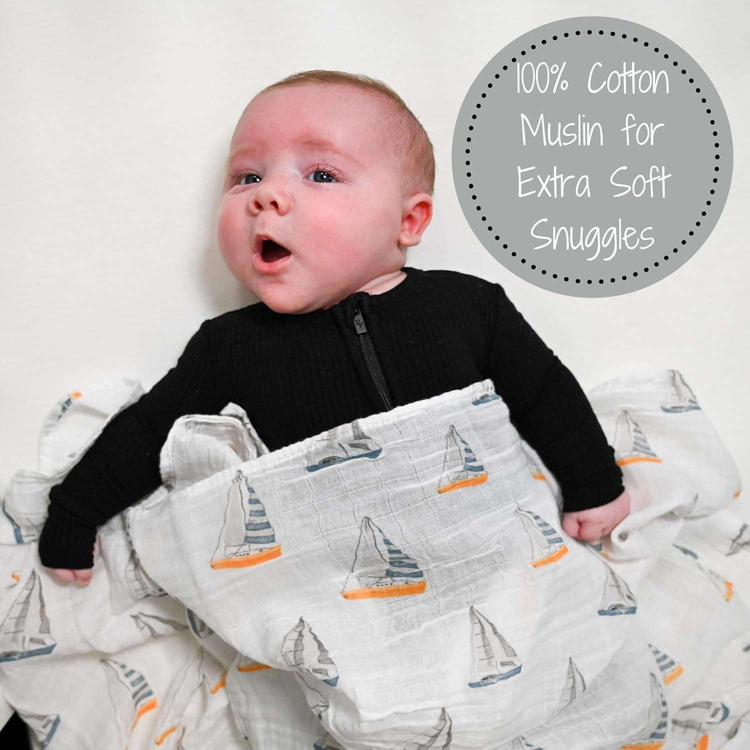 Lollybanks Swaddle Blanket | 100% Muslin Cotton | Gender Neutral Newborn and Baby Nursery Essentials for Girls and Boys, Registry | Sailboat Print - Sailing Away image number 5