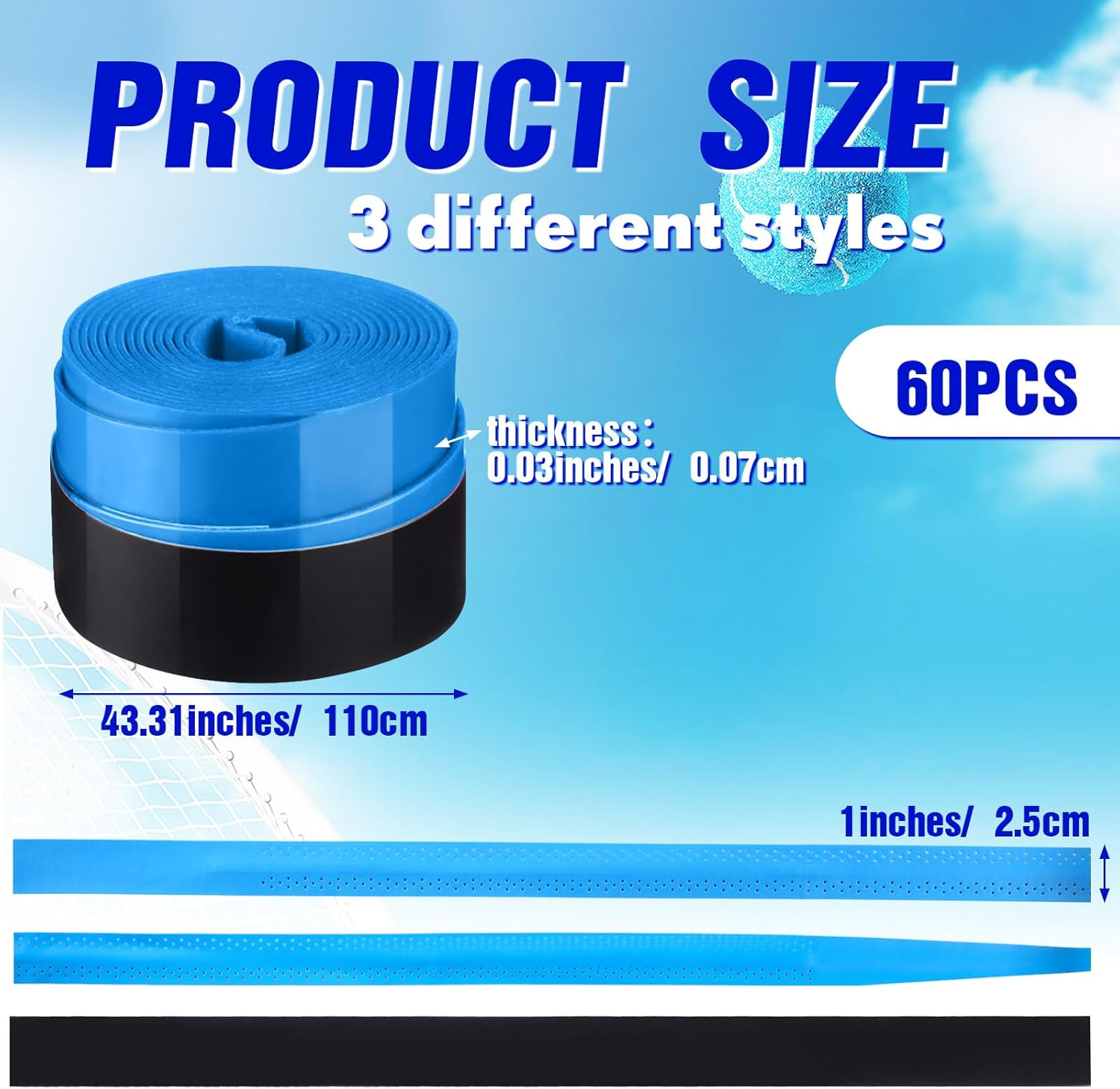 Wettarn 60 Pcs Racket Grip anti Slip 43 Inches Tennis Racket Grip Tape Racket Overgrips Precut and Dry Feel Tennis Grip anti Slip Absorbent Tennis Overgrip for Tennis, Badminton, Fishing Rod image number 3