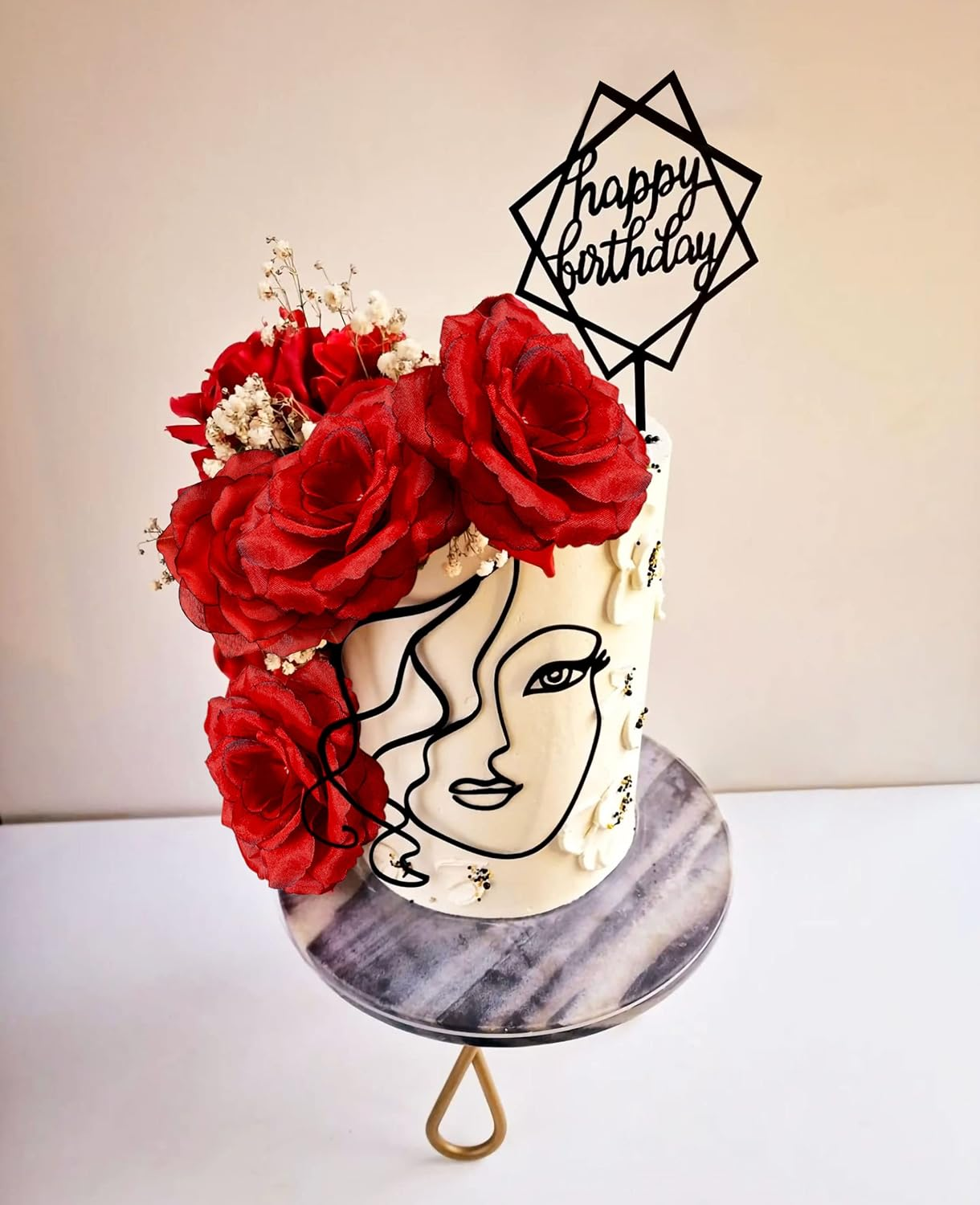 Jevenis Red Acrylic Minimalist Art Lady Face Cake Topper - 2 Pack with 5 Roses - Vintage Rose Flower - Birthday Party image number 5