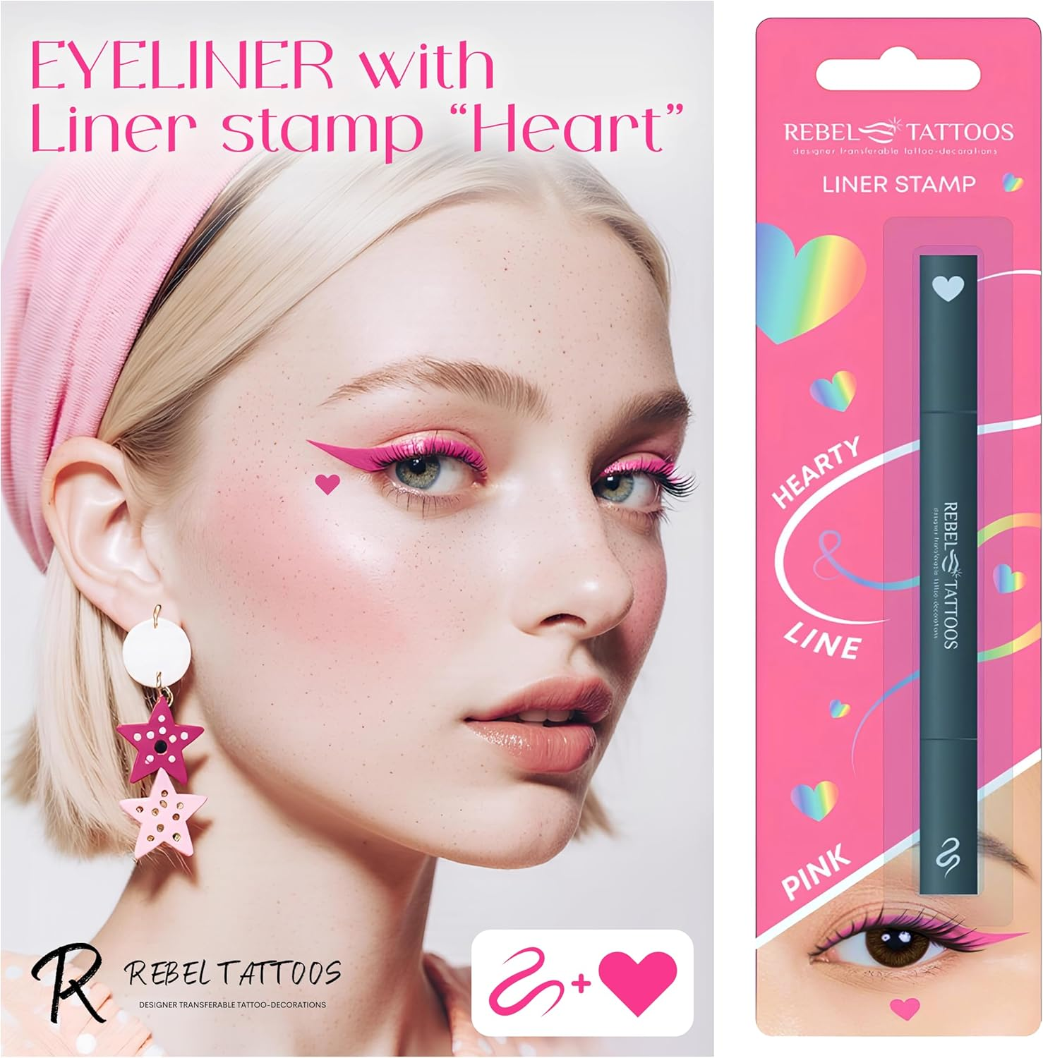 Rebel Tattoos 2-In-1 Eyeliner Stamp, Pigmented Intense Black Formula, Smudge-Budge Proof, Sweatproof, 24 Hour Stay Eyeliner Stamp Star Butterfly or Heart (Pink Heart) image number 6