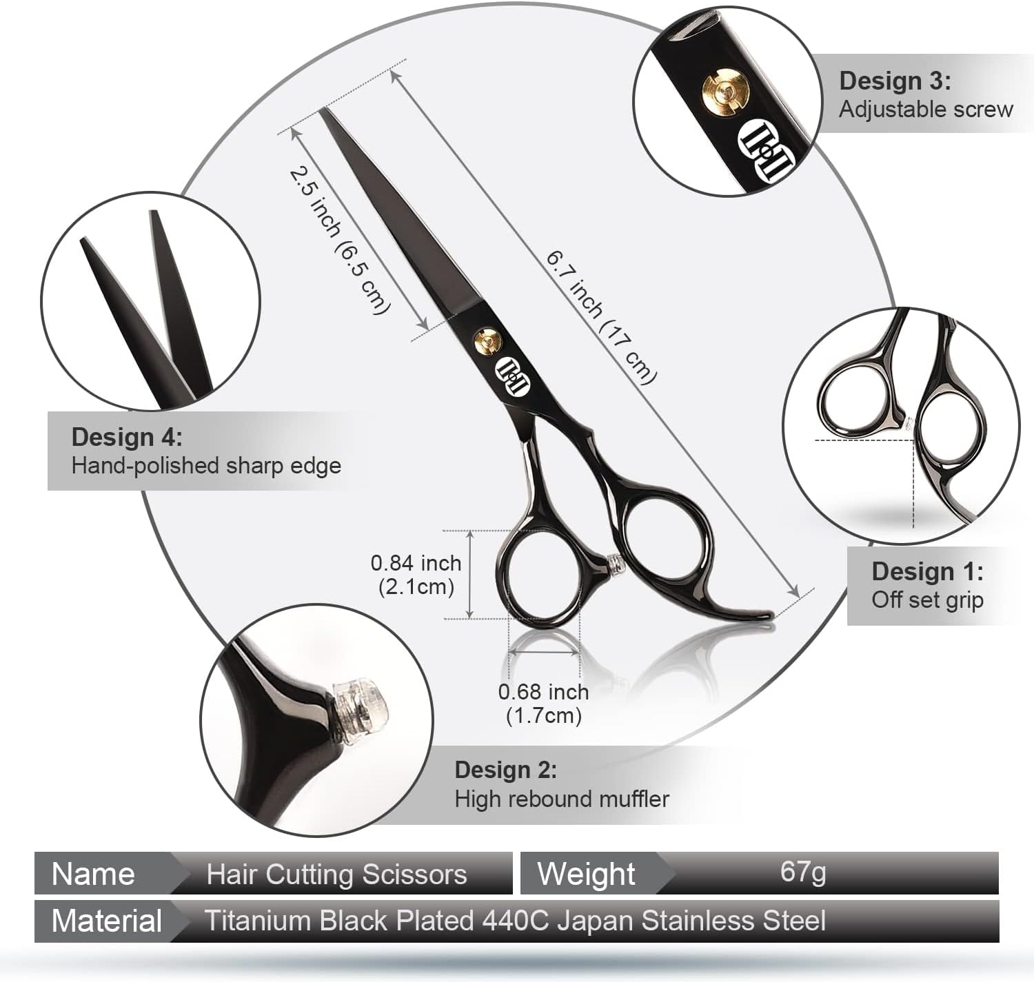 Hair Cutting Scissors Shears Kit, Professional Hairdressing Scissors Set (Hair Beard Trimming Shaping Grooming Thinning Shears) for Men Women Hairdresser Home Salon Barber Haircut Kit (Black) image number 2