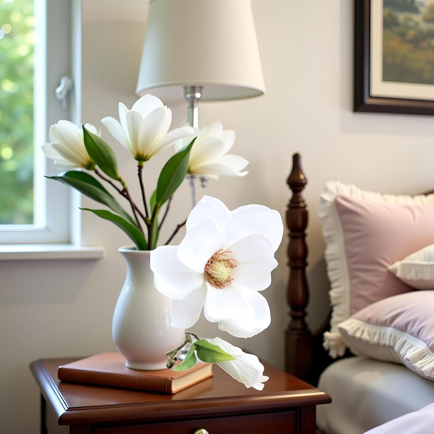 White Artificial Magnolia Fake Silk Flower Single Floral Home Decor Living Room Bedroom Garden Party Wedding Decoration in Pots Vase Home D&eacute;cor Products for Desk Table, Artificial Flowers image number 2