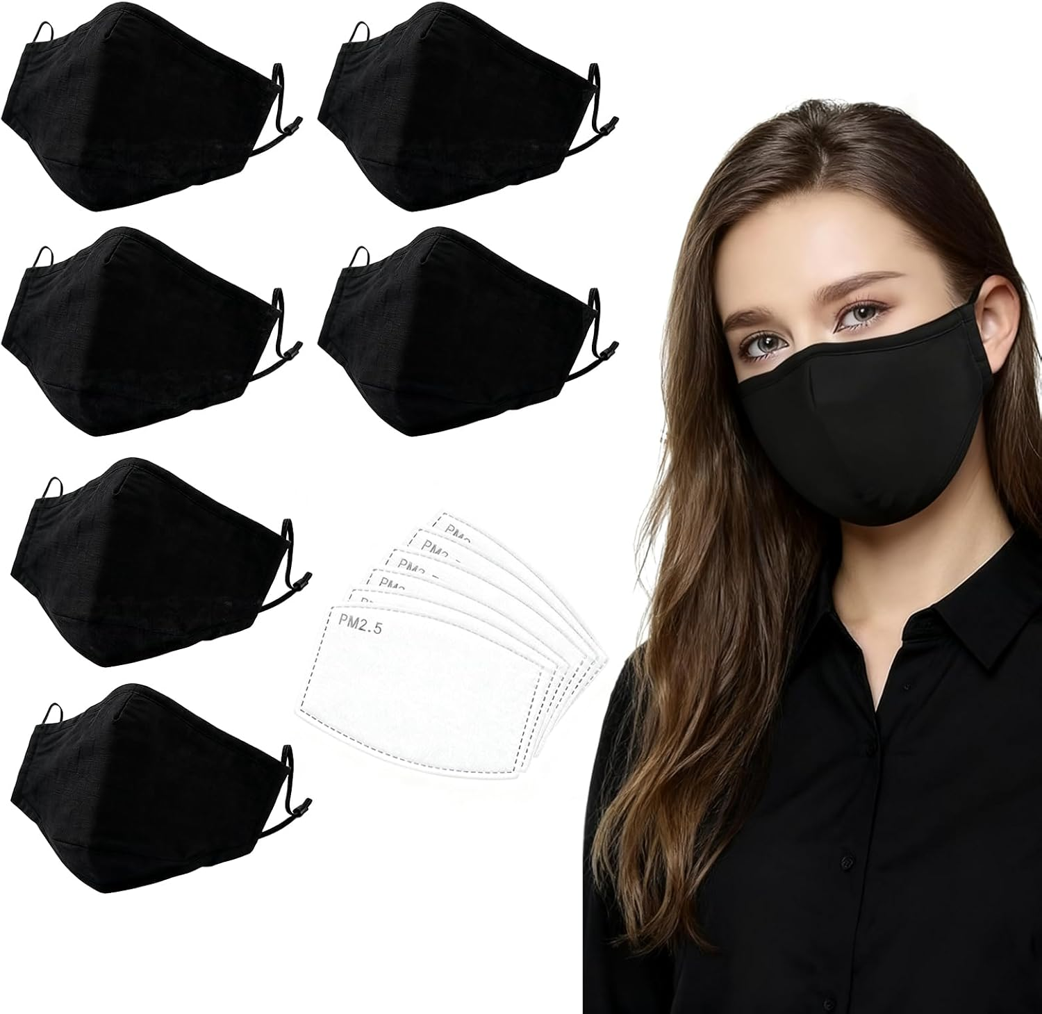12 Piece Set of Black Cotton Face Masks with Carbon Filters Reusable Breathable Dust Masks for Daily Use, Black Face Masks, Daily Dust Masks, Non - Disposable Face Masks image number 3