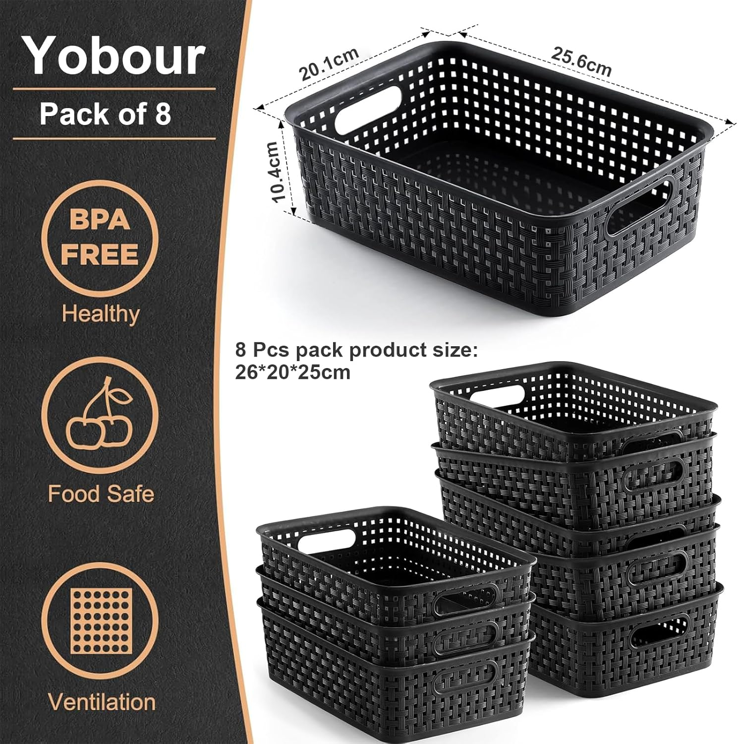 8 Pack Plastic Storage Baskets Set of Stackable Weave Baskets Sturdy Storage Containers with Handle for Shelves, Desktops, Cabinets, Bedrooms, Office (Black - 8 Pack) image number 2