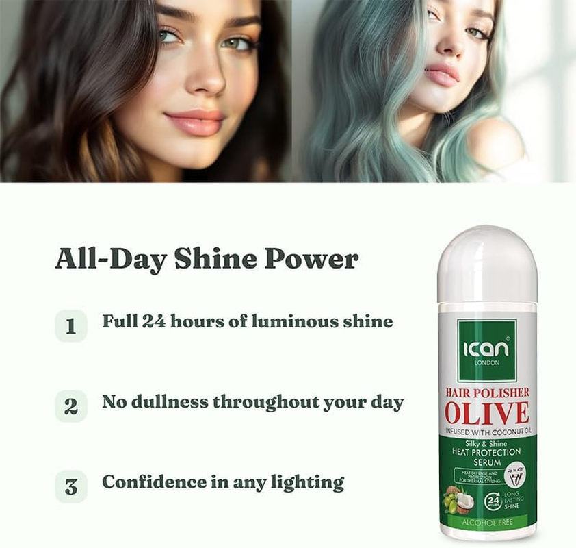 Ican London Hair Polisher Olive Oil Infused with Coconut Oil Heat Protection Serum Alcohol Free 207Ml