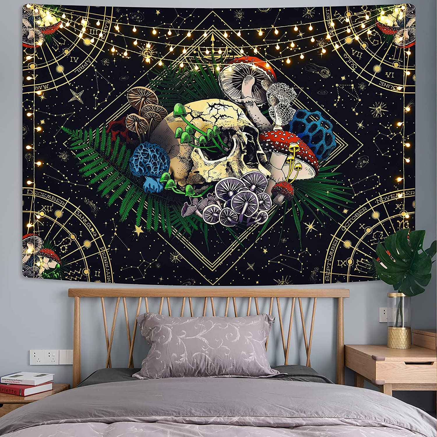 Livole Skull Tapestry Colorful Plants Tapestry Constellation Tapestry Black Starry Tapestry Trippy Tarot Tapestry Wall Hanging for Room(59.1 X 59.1 Inches)