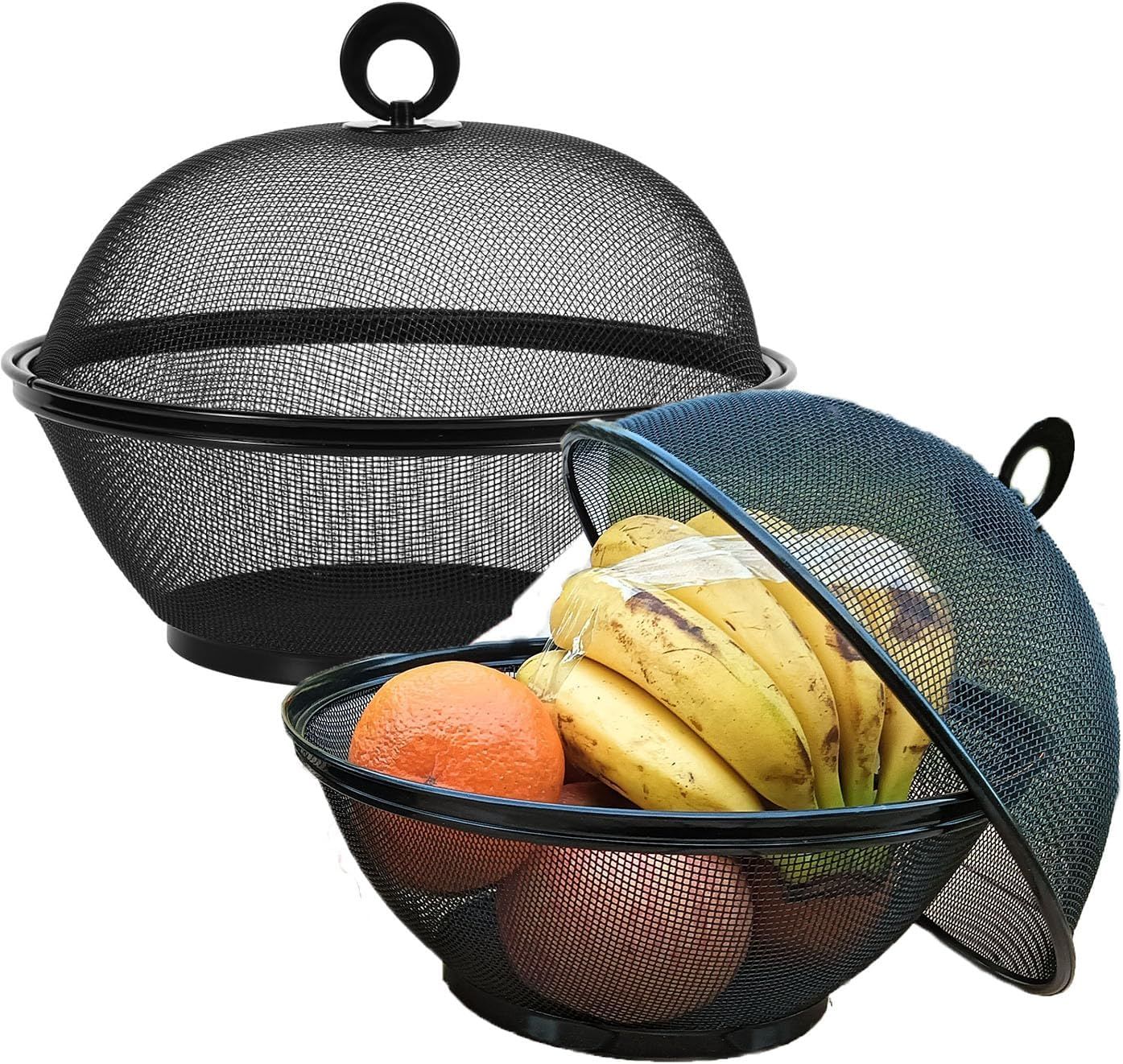 QWXOSR Fruit Basket with Lid - Decorative Fruit Bowl Metal Wire Basket Covered Fruit Bowl Strainer for Fruits Vegetables Fruit Display Stand Keeps Flies Out &Phi;10.7 (2 Fruit Baskets+2 Lids) (Black)