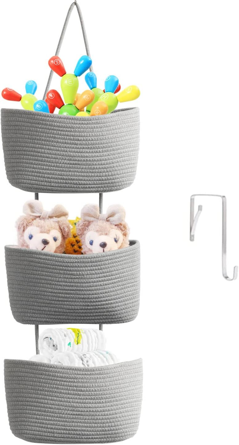 Teokj over the Door Hanging Baskets, 3-Tier Woven Cotton Storage Organizer Bag with Hooks Wall-Mounted Decorative Nursery Kitchen Baskets - White