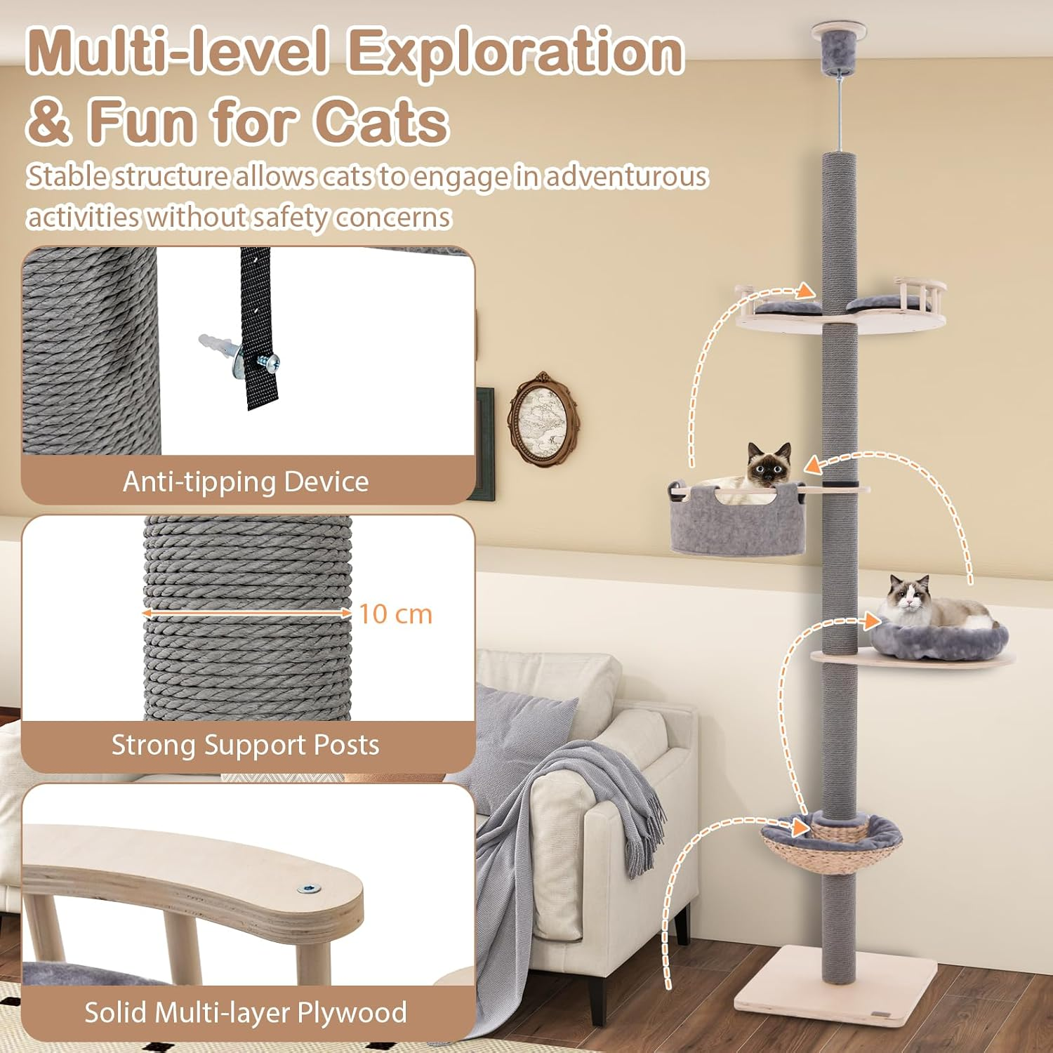 Floor to Ceiling Cat Tree, Tall Cat Tower W/Adjustable Height(236-271Cm) for Indoor Cats, 5 Tier Cat Climbing Activity Center W/Scratching Post, Springboard, Basket Bed, Hammock image number 5