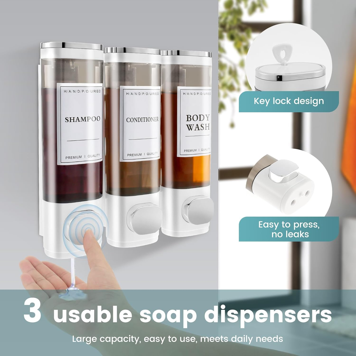 Fwqofvk 3 in 1 Shower Soap Dispenser 3 Chamber Bathroom Shower Dispensers No Drill Shampoo and Conditioner Dispenser Easy to Install Versatile Shampoo Dispenser Wall Mounted for Bathroom (White)