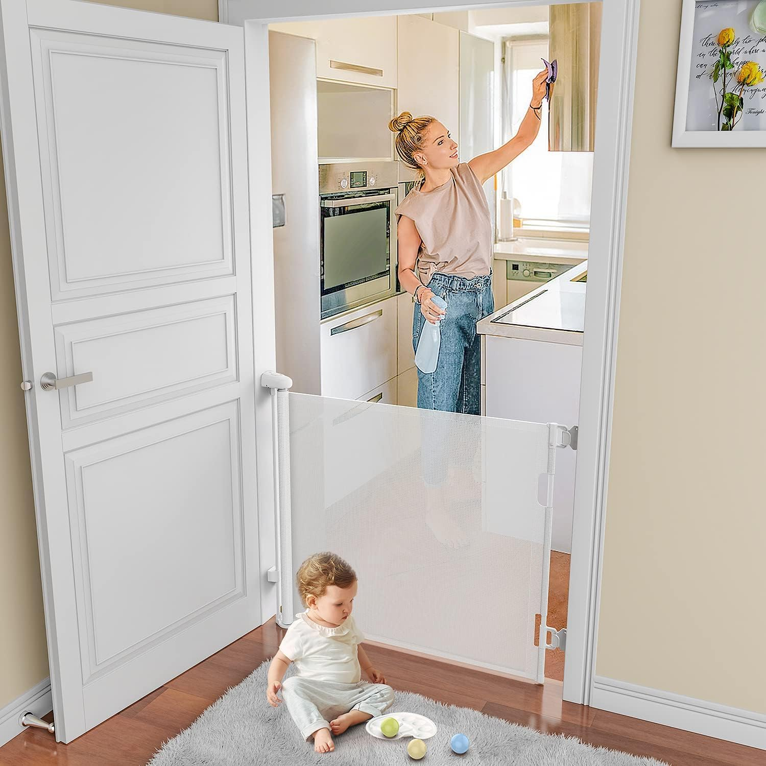 Retractable Baby Gate for Stairs, 33" Tall Expands 70" Wide Ideal Safety Solution Dog Gate for Stairs Doorways Hallways Indoor/Outdoor Mesh Baby Gate Retractable Screen Door(White,86Cmx180Cm)