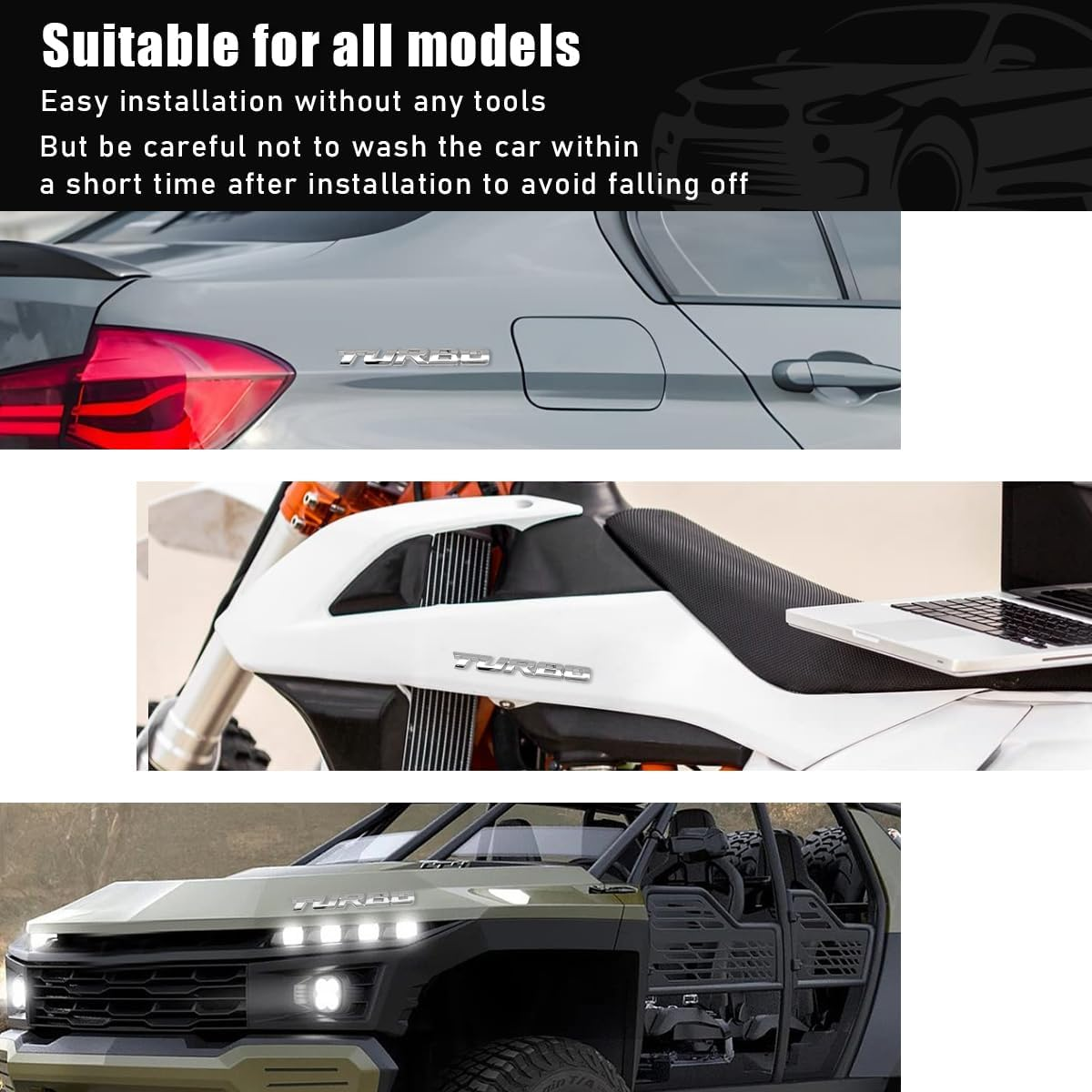 2PCS Turbo Car Emblem Decal, 3D Metal Fender Logo Badge Sticker, Zinc Alloy Auto Front Hood Side Body Emblem Sticker, Universal Exterior Decor Car Accessories for SUV Truck (Silver) image number 3