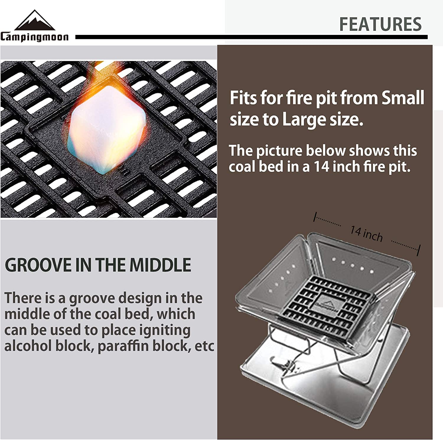 CAMPINGMOON Cast Iron Coal Bed Charcoal Fire Grate 6.89X6.89-Inch T-175 image number 4