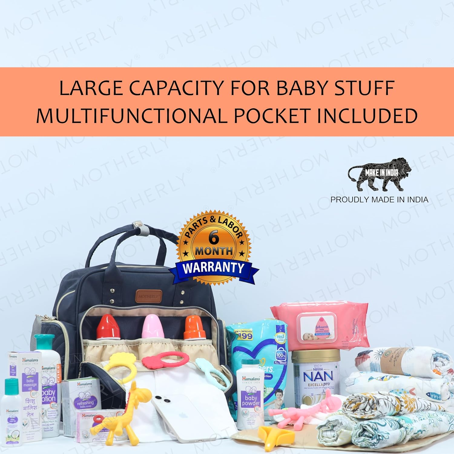 Motherly Quilted Diaper Bag for Mothers for Travel, Maternity Bag for Newborn Baby, Mother Travelling Bag, Multi Pocket Backpack for Moms, Water Resistant Baby Bag with Warranty and Offers (Navy Blue) image number 3