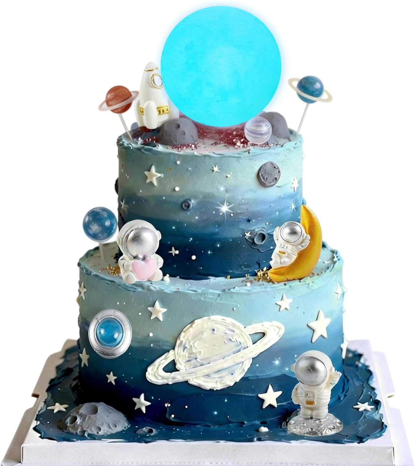 Moon Cake Topper,6Pcs Space Astronauts Diy Cake Decoration, 3D Soft Light Moon Cake Topper for Children Space-Themed Decoration Birthday Party Supplies, Cake Decoration (Yellow)