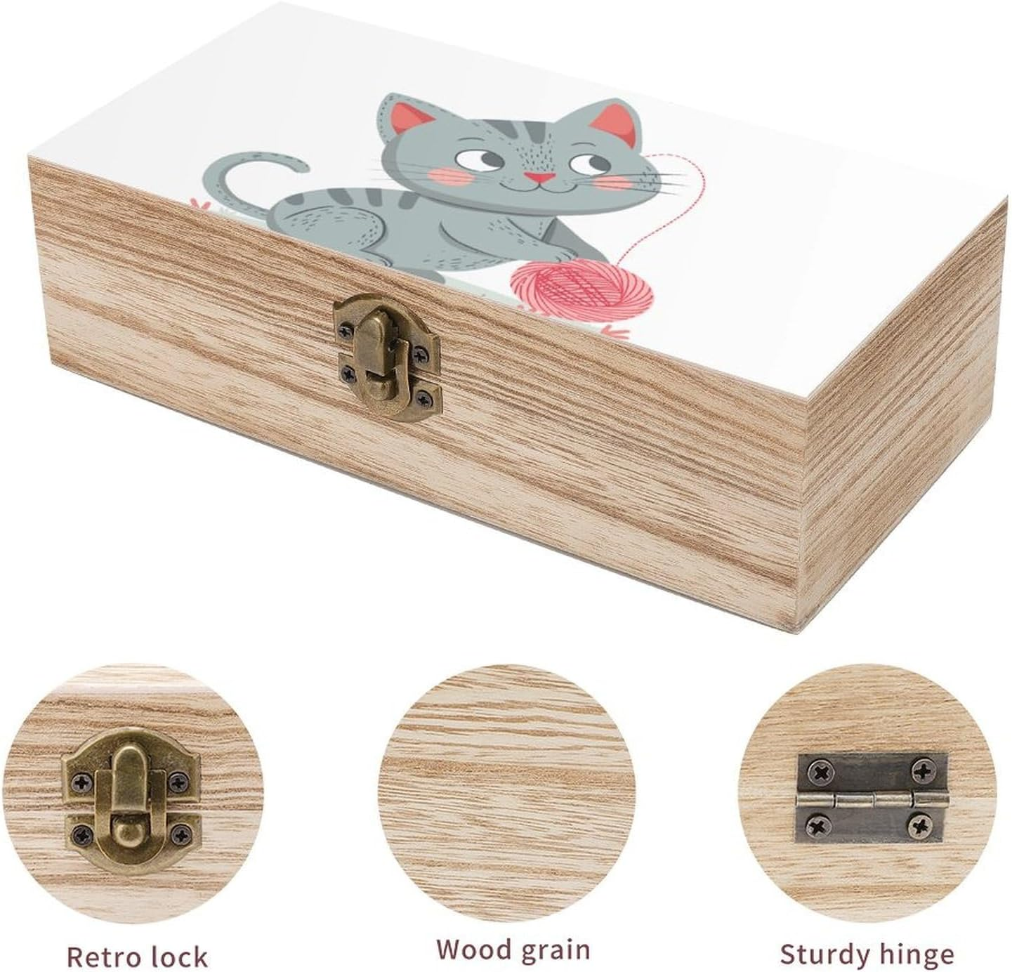 Peach Nose Cat Wooden Box Wood Wedding Keepsake Boxes with Lids Small Decorative Boxes Lightweight Wooden Memory Storage Box for Crafts Keepsakes Jewelry Photo Letter Storage image number 3