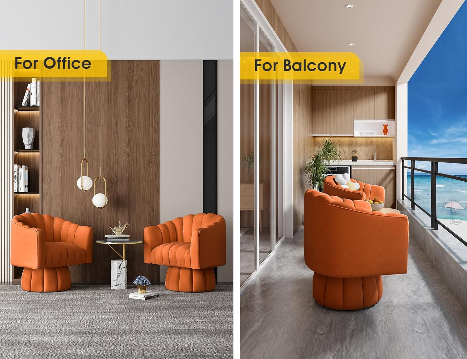 SEYNAR Mid Century 360 Degree Swivel Cuddle Barrel Accent Sofa Chairs, round Armchairs with Wide Upholstered, Fluffy Velvet Fabric Chair for Living Room, Bedroom, Office, Waiting Rooms, (Orange) image number 2