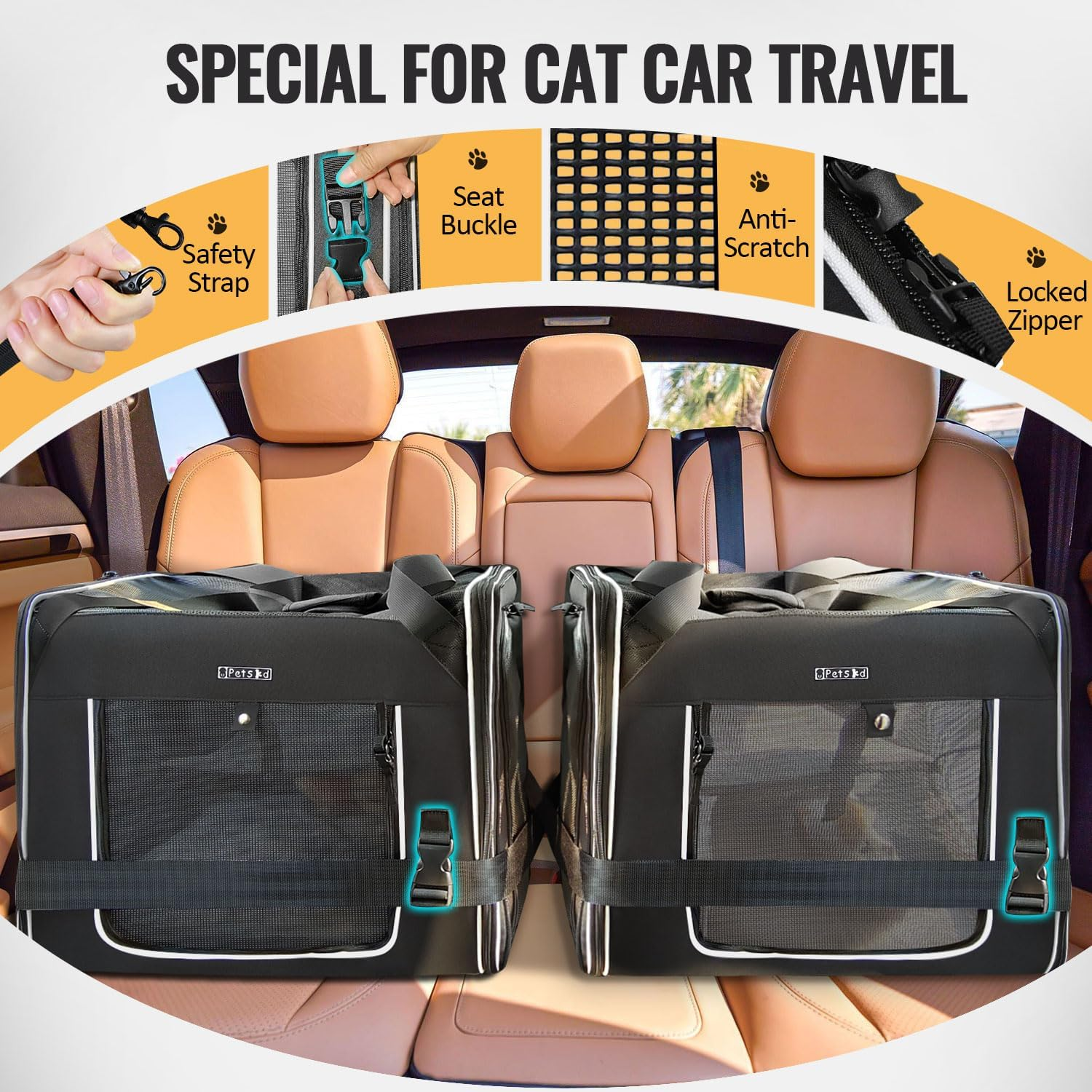Petskd Combinable Pet Carrier for Large Cat or Medium Dog, 18"X17"X17" Large Cat Carrier for Car Travel, 2 Small Pet Soft Carriers with Food Bag, Bowl and Safety Locking Zippers for Vet, Camping image number 2