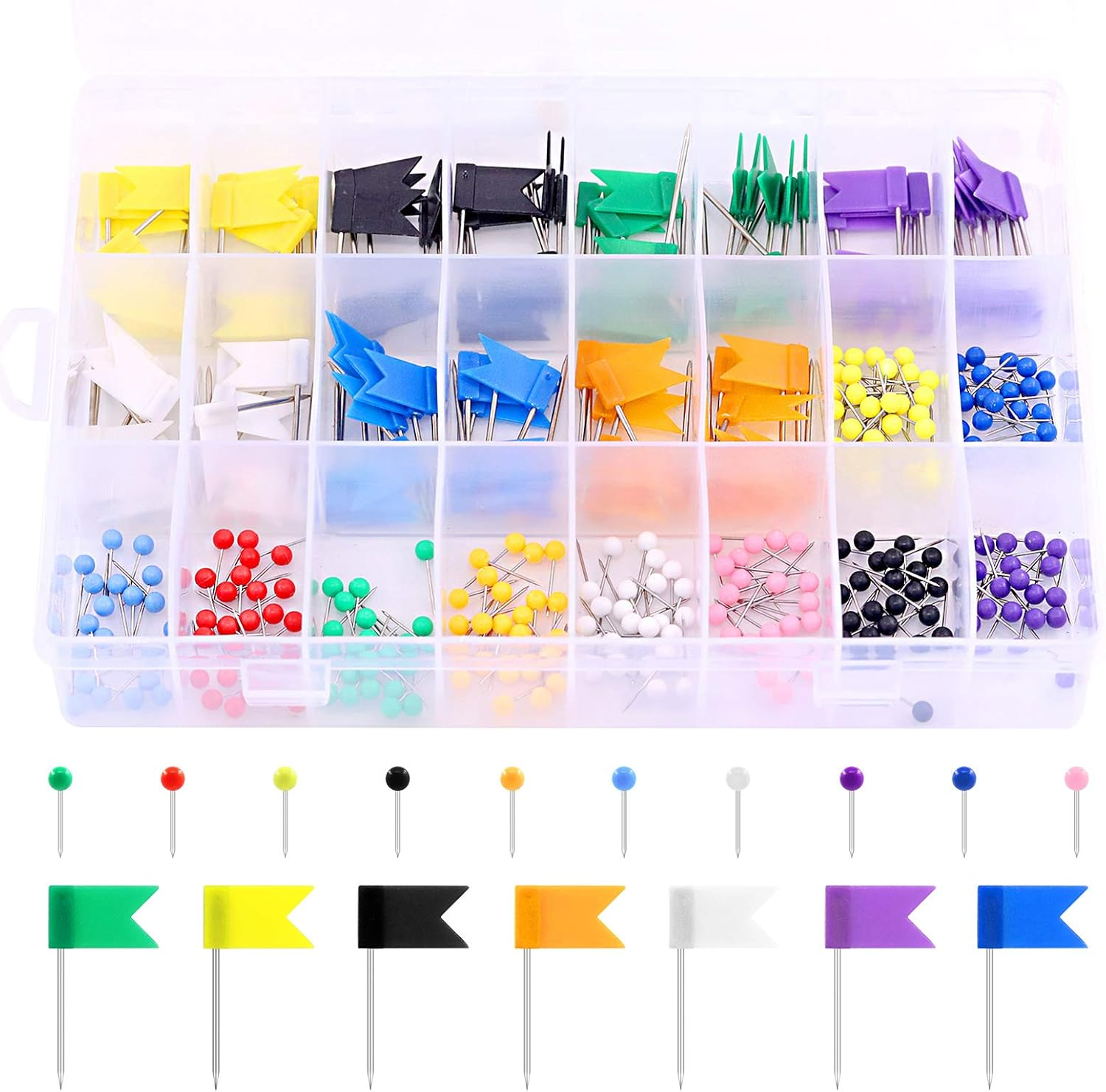 Swpeet 305Pcs 2 Types Colorful Push Pins Tacks with Steel Point Assortment Kit, 1/8 Inch Ball round Head and 7/10 Inch Map Flag Tacks Plastic Marking Pins for Bulletin Board, Fabric Marking image number 2