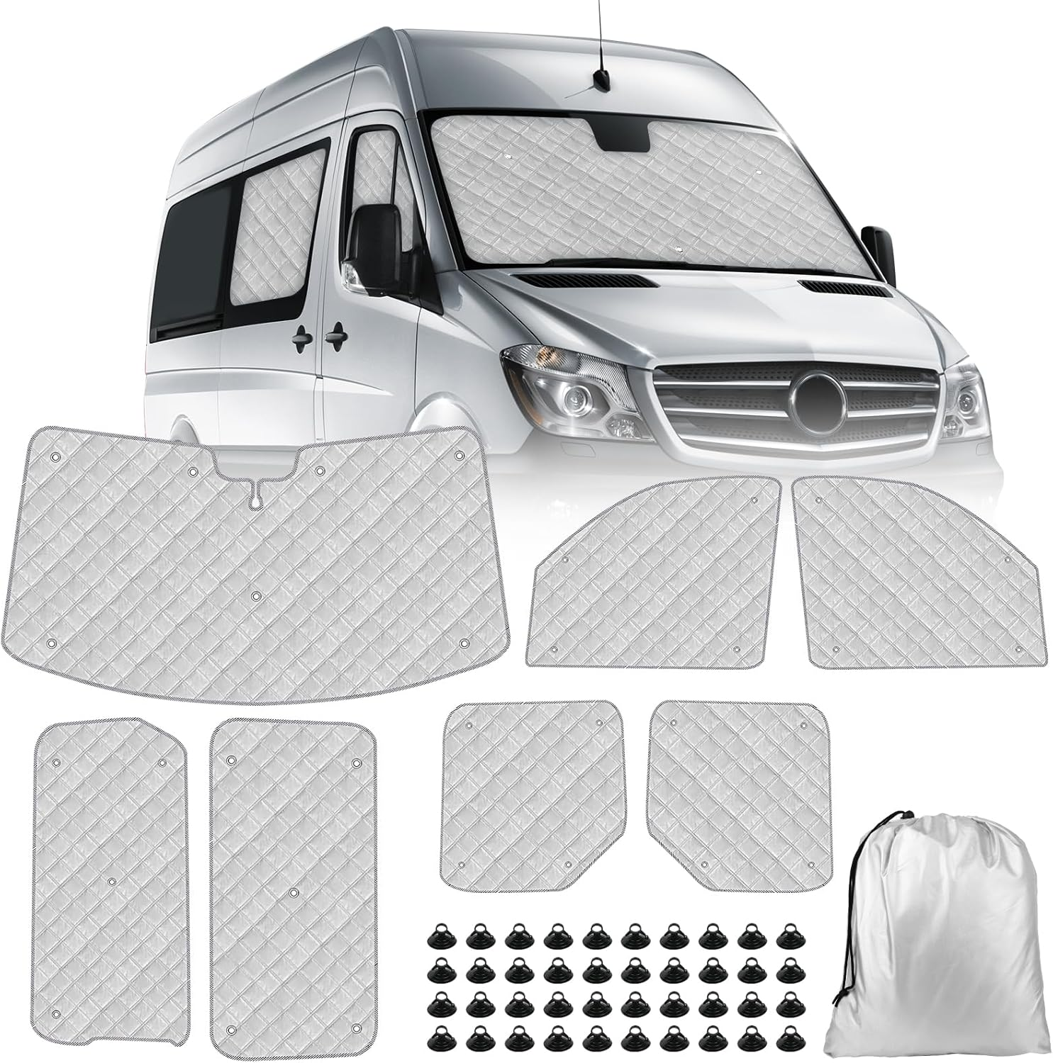 Federedevo Mercedes Sprinter Sun Shade 7-Piece Set 2019-2023 | Full Cabin Thermal Insulation Kit for LWB Vans | UV Blocker + Privacy Covers (Front/Rear/Side Windows) image number 4