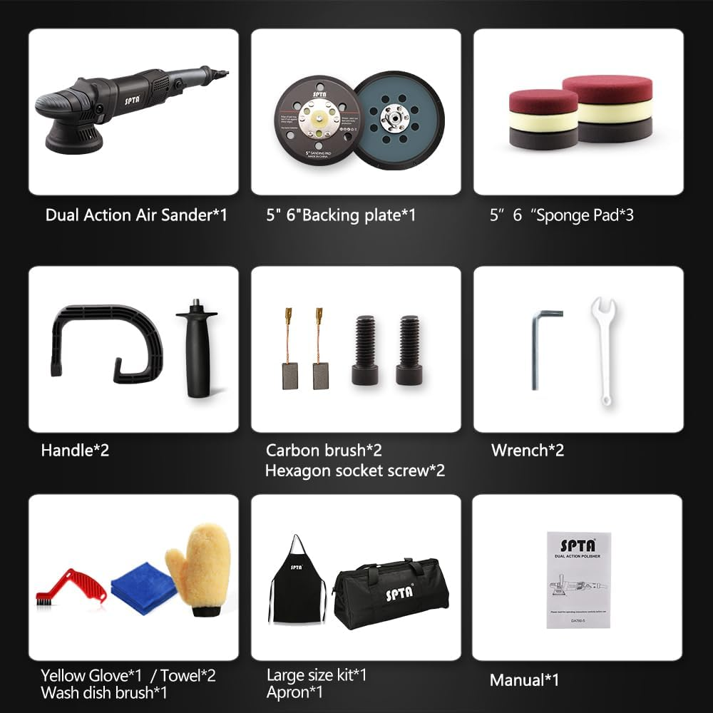 SPTA Car Polishing Machine, 780 W Eccentric Polisher, 6 Variable Speeds, with 125 Mm and 150 Mm Polishing Sponge, Removable D-Handle and Side Handle, 4 M Cable, for Polishing Car, Boat, Motorcycle